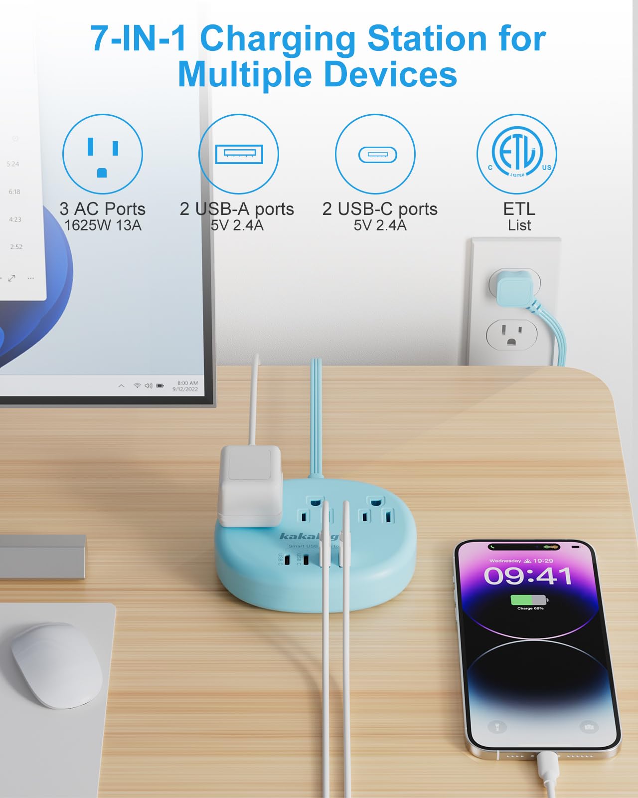 Cute Surge Protector â€?5FT Flat Extension Cord, 3 Outlets, 4 USB Ports (24W)