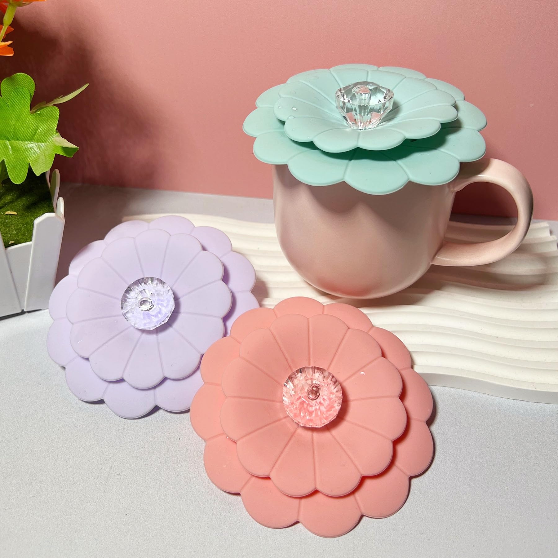 Silicone Flower Cup Covers (Set of 3), Multicolored Silicone Lids for Mugs, Cups, Glassware, Flexible Mug Covers, Heat Resistant Cup Lids