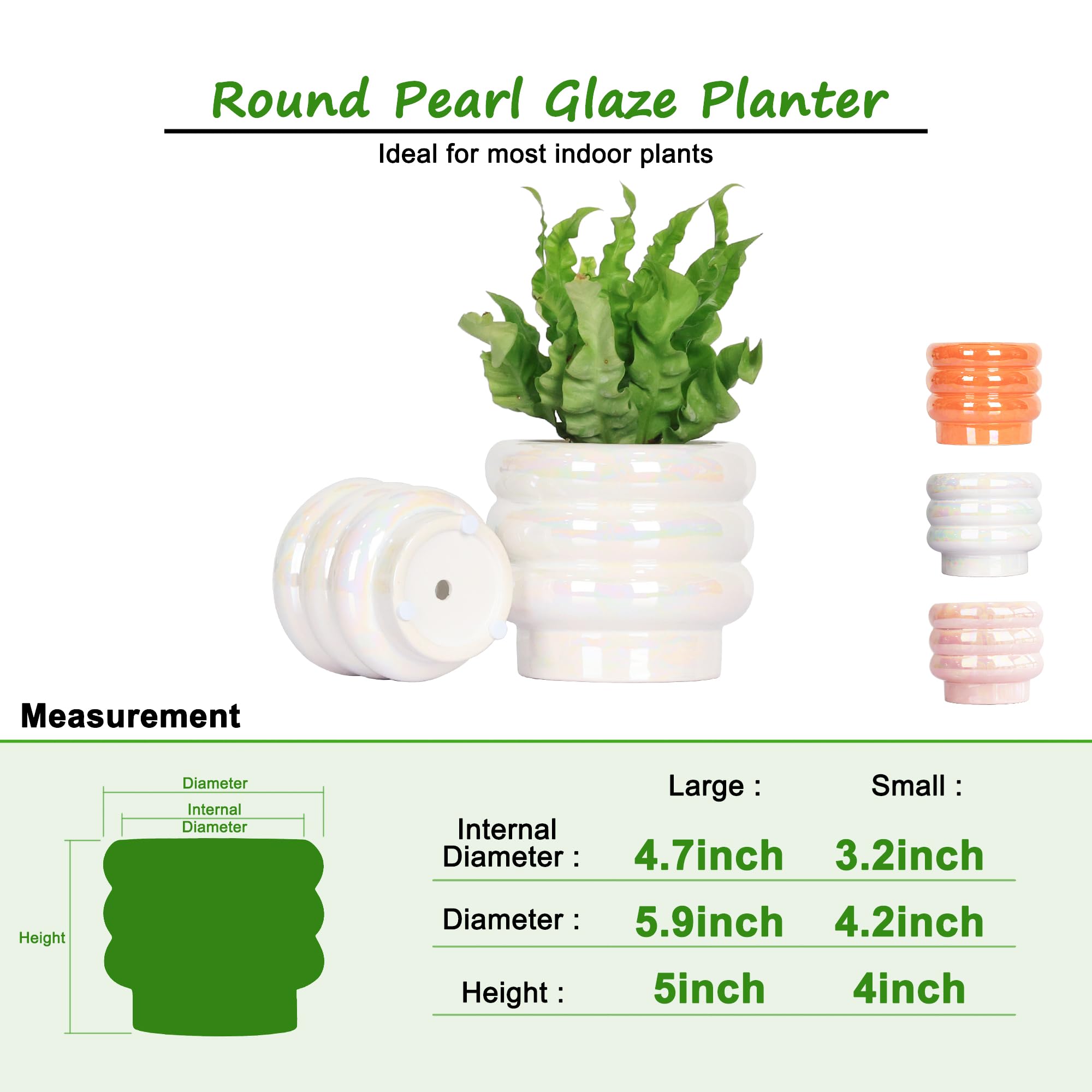 Ceramic Plant Pots for Indoor Plants, Rainbow Pearl Glaze Planter with Planters for Plants with Drainage Hole