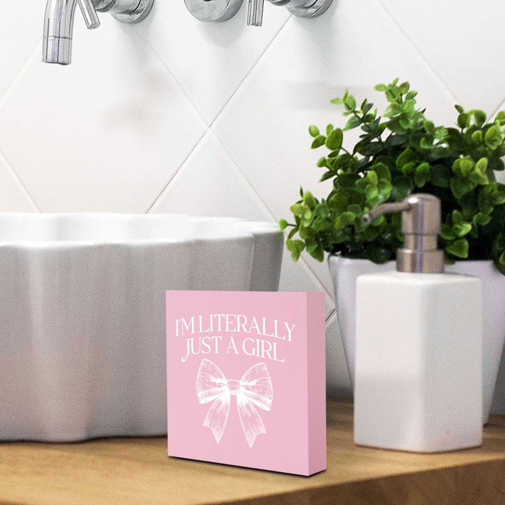 Pink Bow Coquette Room Decor - Wooden Box Sign Desk Decor