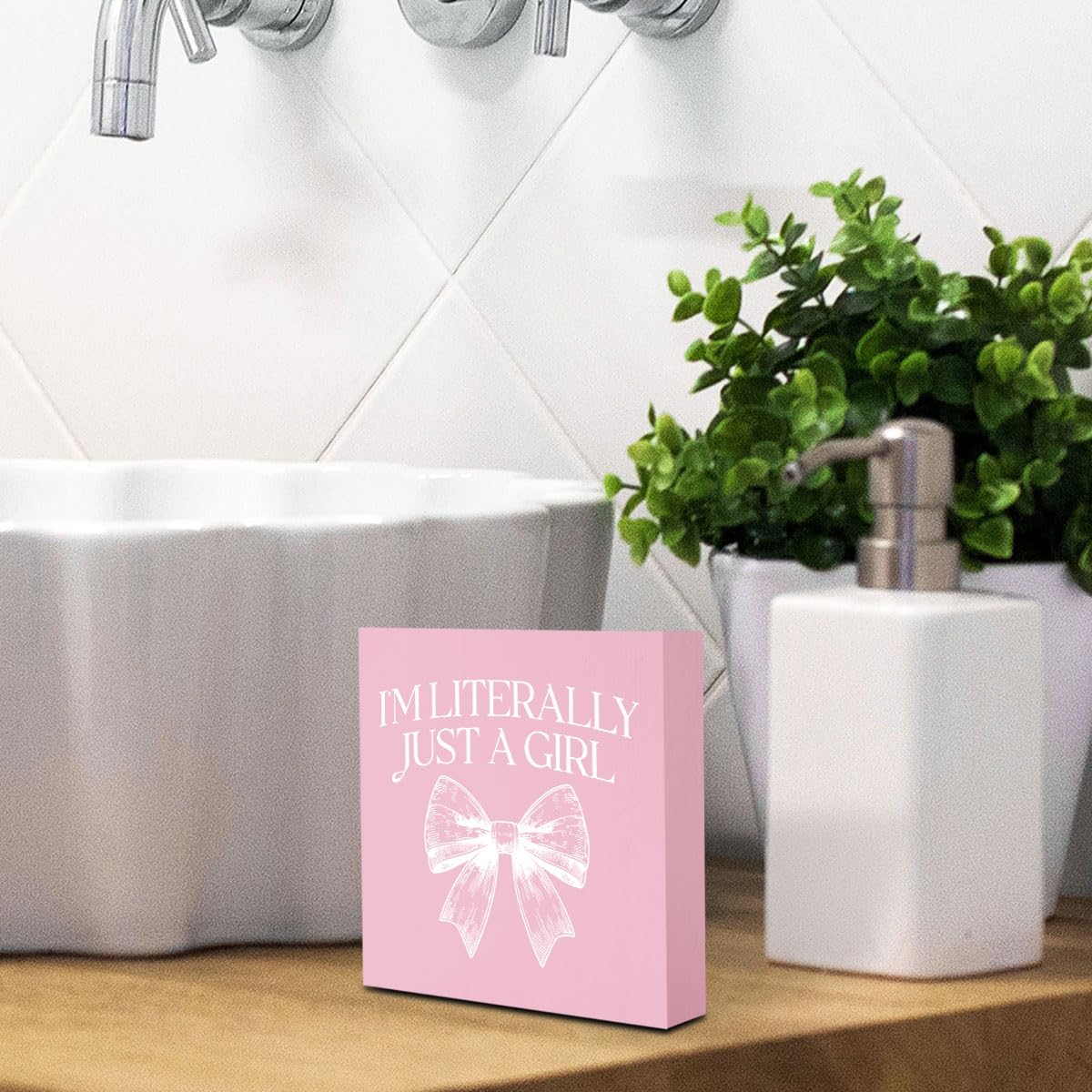 Pink Bow Coquette Room Decor - Wooden Box Sign Desk Decor