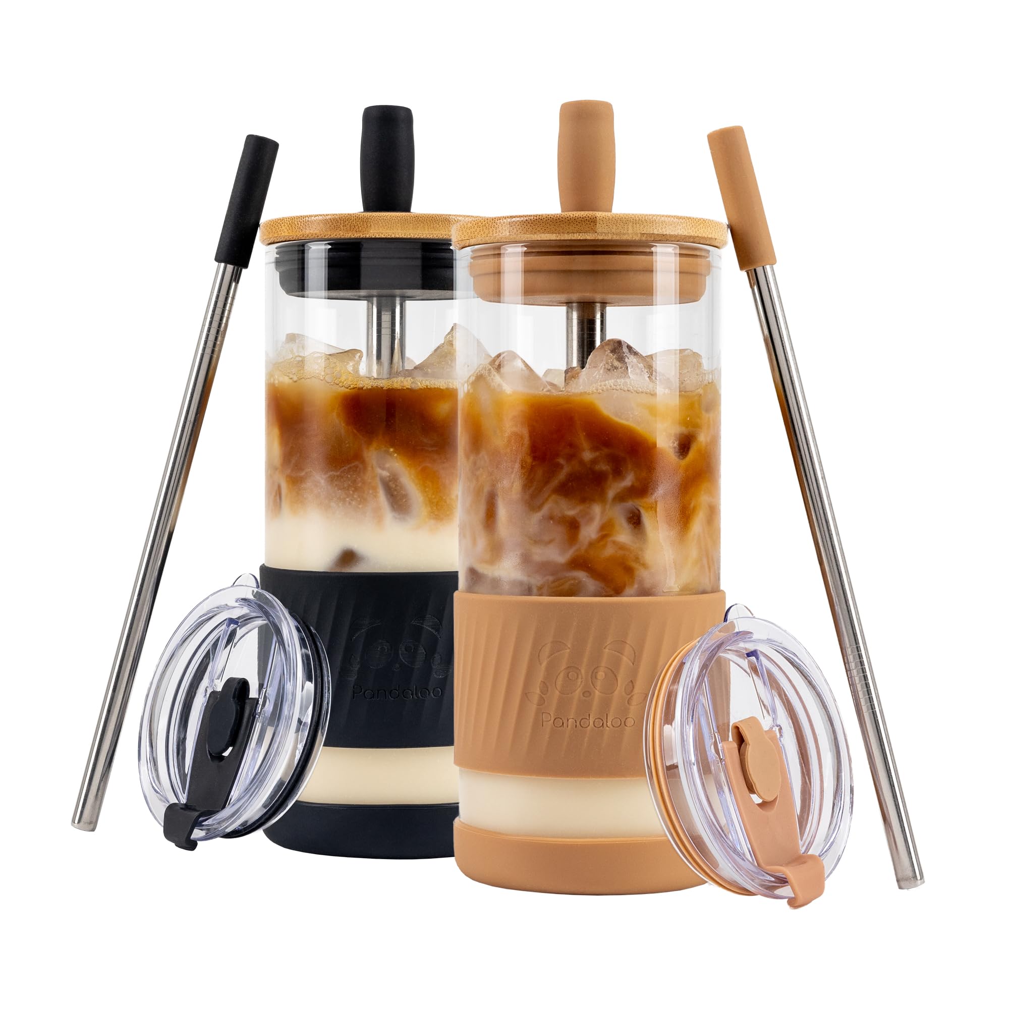 Pandaloo® Glass Cups With Lids and Straws -20 Fl Oz- Perfect Size Iced Coffee Cup - Smoothie Cup With Bamboo Lid and On the go Lid - Glass Tumbler With Straw