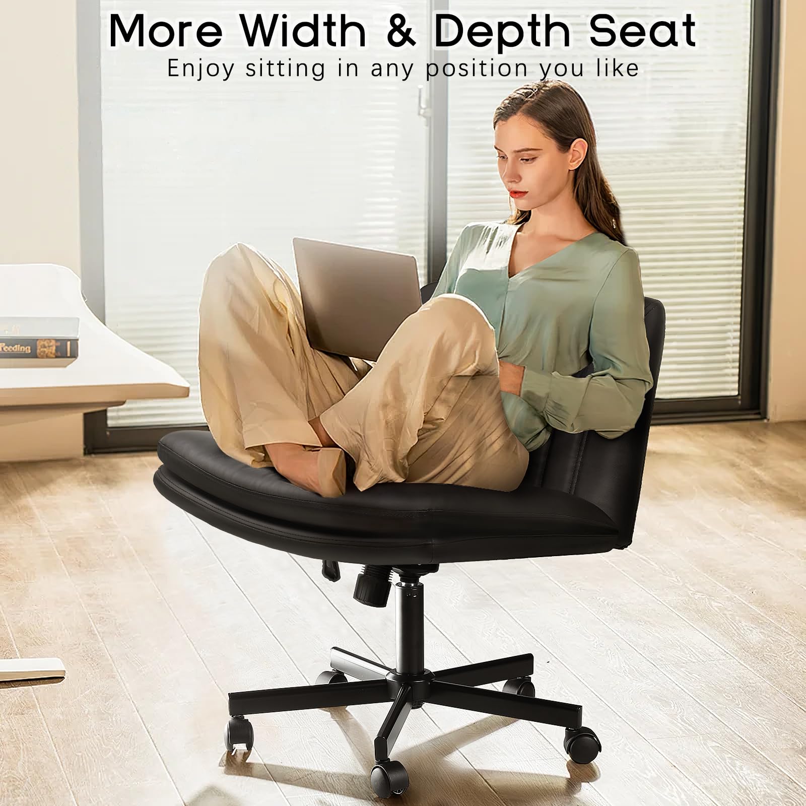 Criss Cross Chair, Armless Cross Legged Office Desk Chair No Wheels, Fabric Padded Modern Swivel Height Adjustable Mid Back Wide Seat