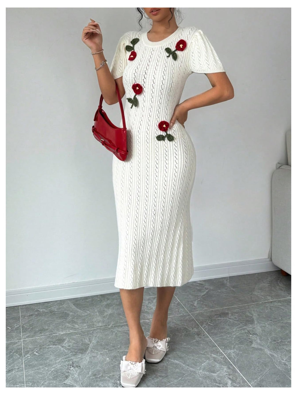 Women's 3D Flower Sweater Dress Crochet Short Sleeve Bodycon Mini Dresses