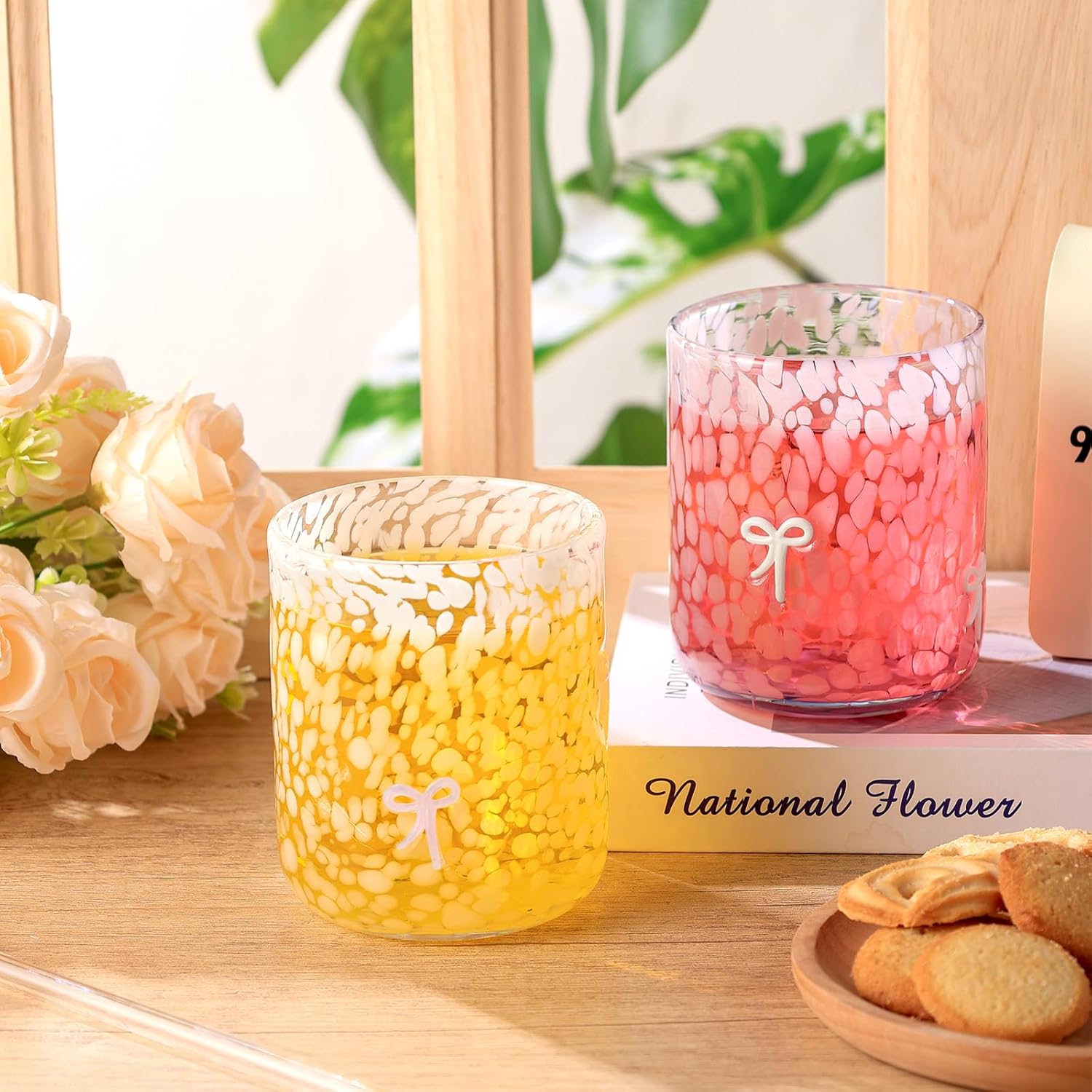 Coquette Aesthetic 2 Pack Bow Juice Glasses Glass Cups 14 oz Double Old Fashioned Icon Handblown Stemless Wine Glasses Cute Pink Glass