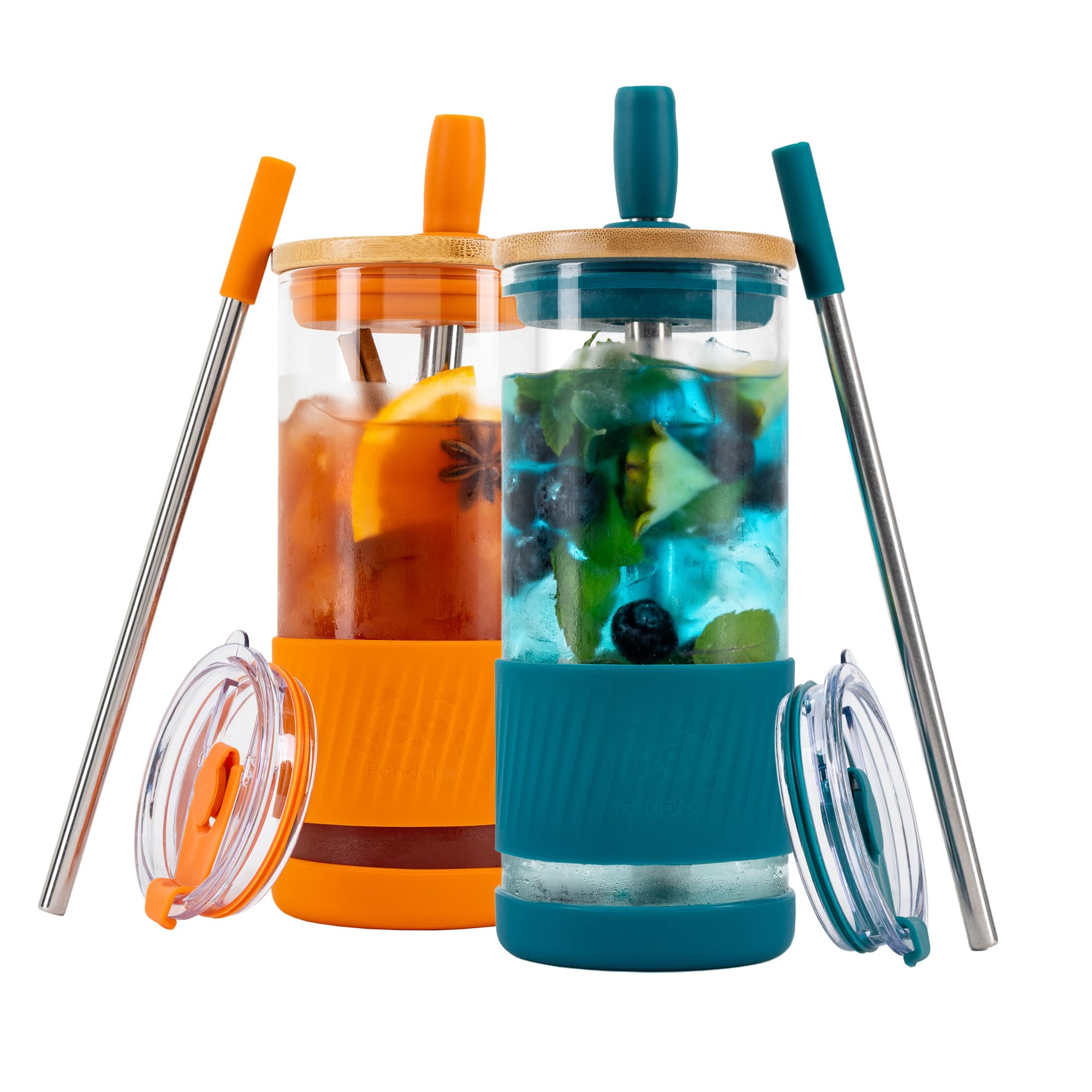 Pandaloo® Glass Cups With Lids and Straws -20 Fl Oz- Perfect Size Iced Coffee Cup - Smoothie Cup With Bamboo Lid and On the go Lid - Glass Tumbler With Straw