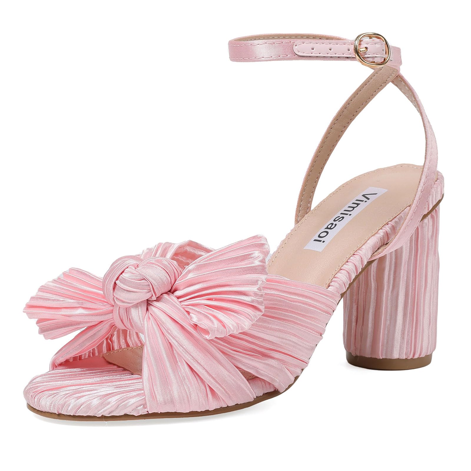 Women's High Block Chunky Heel Sandals Fashion Open Toe Ankle Buckle Strap Pleated Bow Heel