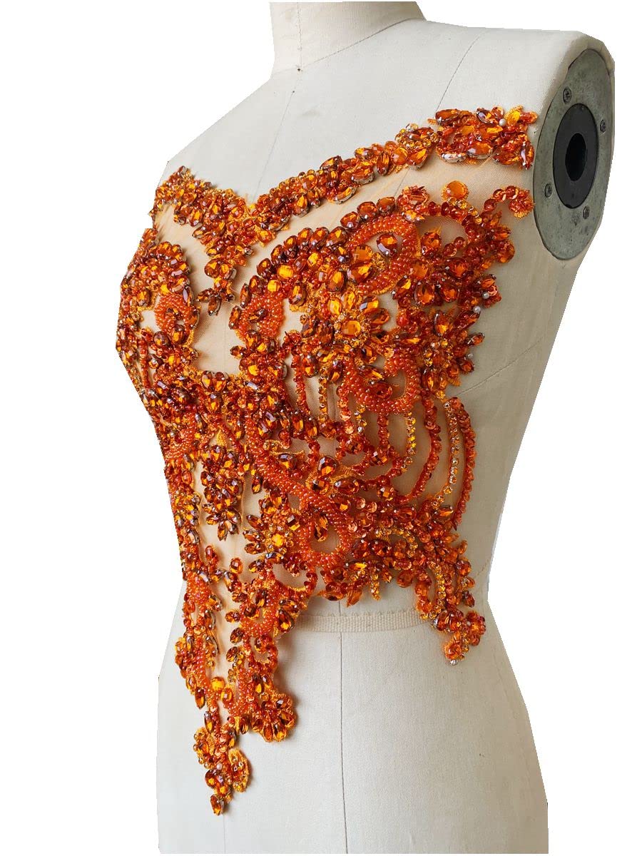 Handmade red/Blue/Gold/Green Rhinestones lace Bodice Applique Sewing Beads Crystal Trim Patches Accessory for Dress Clothes (Rose red)