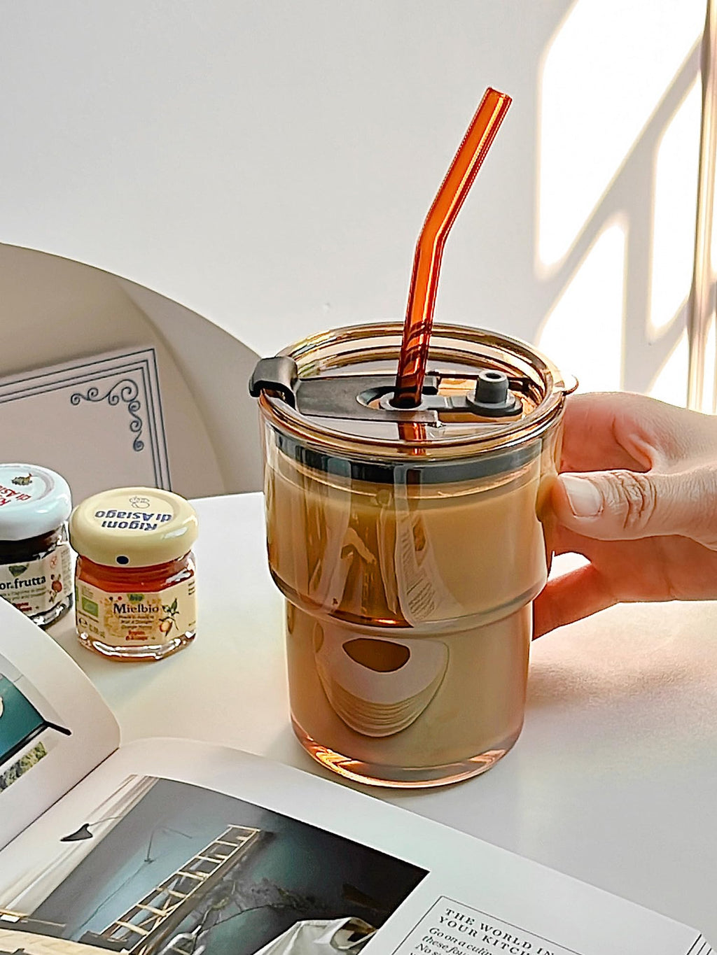 Glass Tumbler with Straw and Lid, Reusable Iced Coffee Cup Tumbler, Cute Glass Cups 13oz