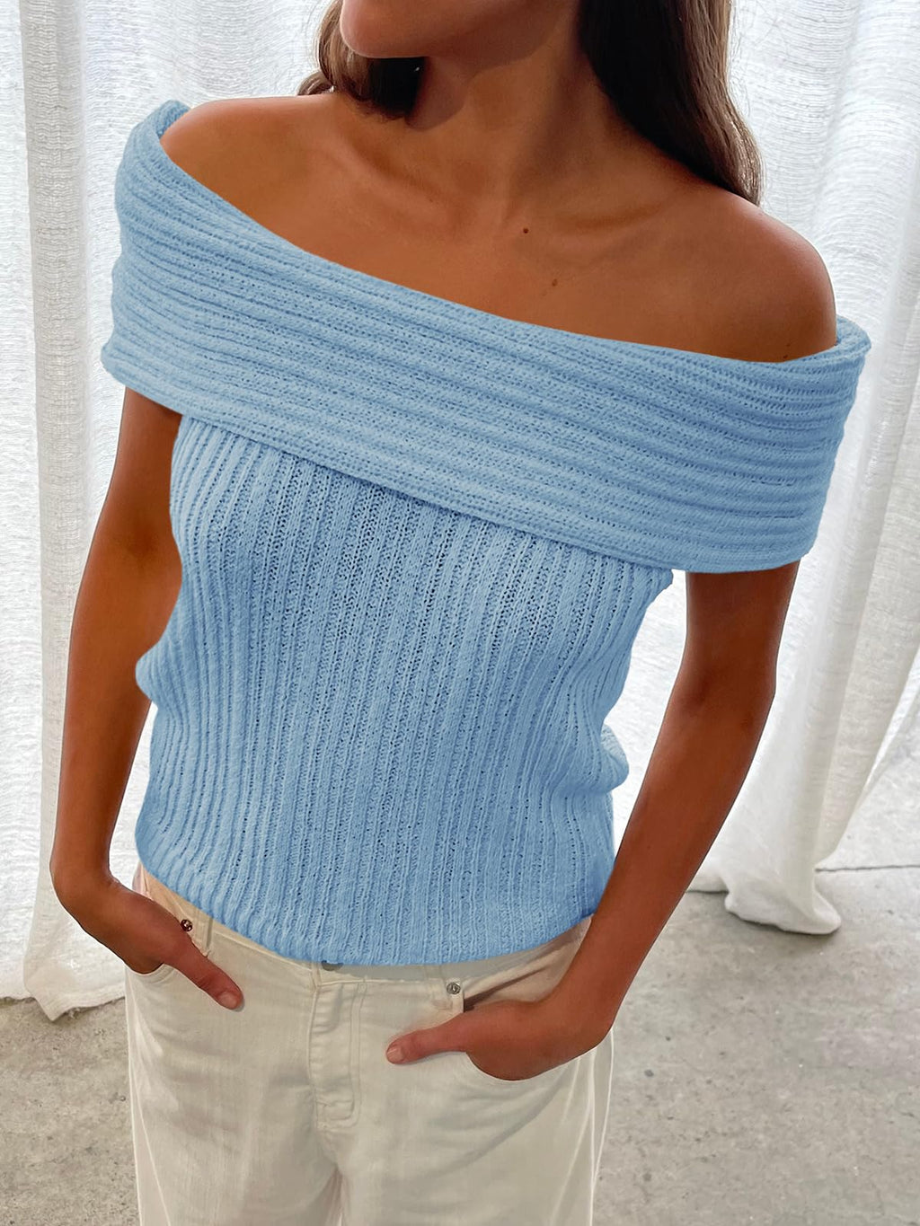 Womens Off The Shoulder Sweater Tops Summer Sleeveless Strapless Ribbed Sexy Pullover Shirts