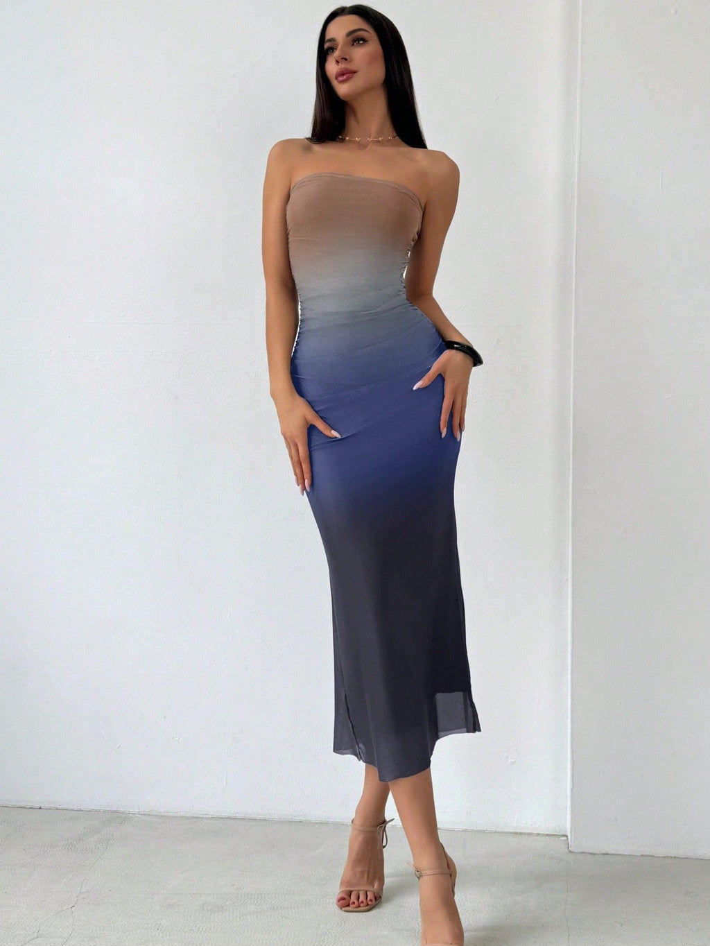 Women's Summer Gradient Strapless Tube Dress Bodycon Long Dress Side Slit Mesh Layered