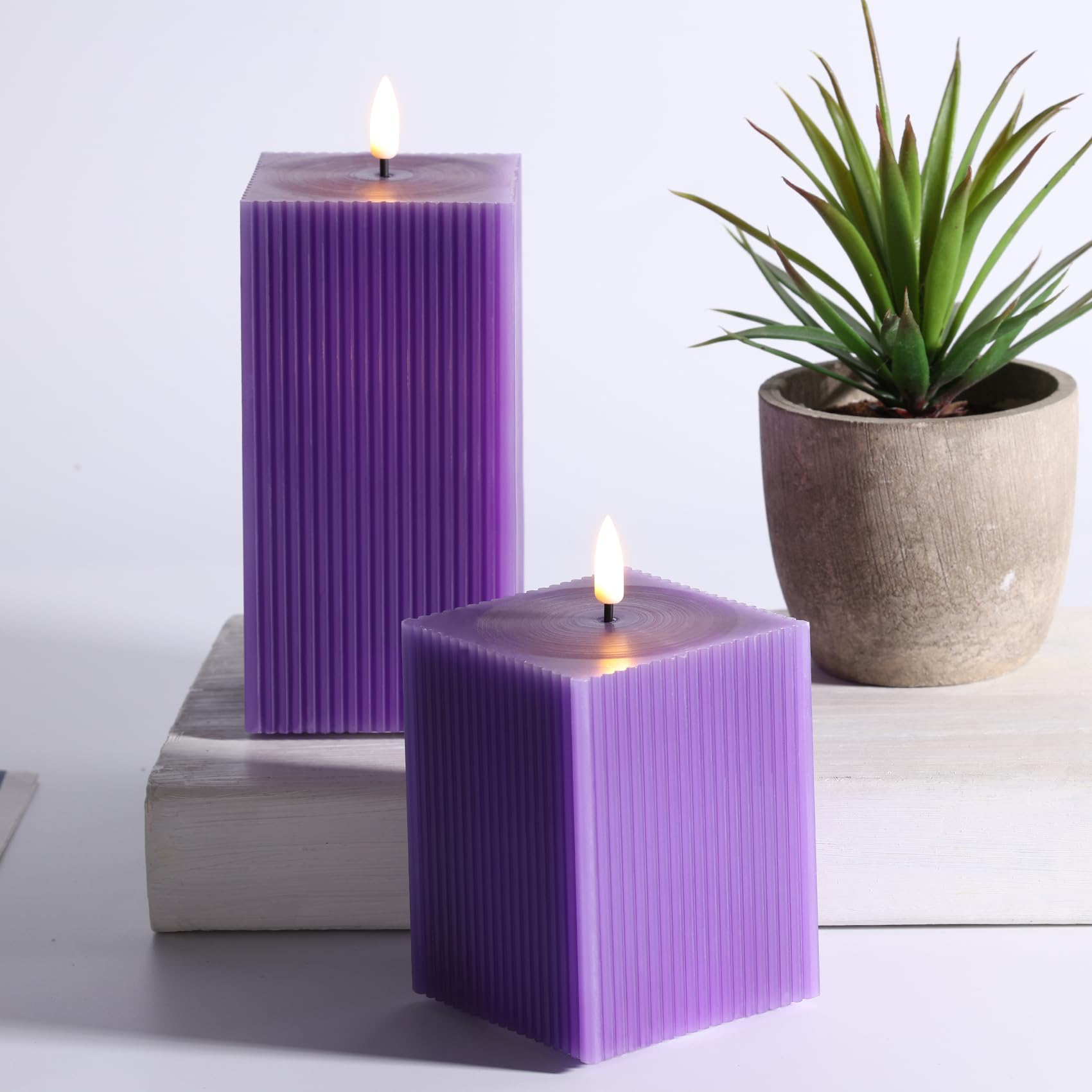 Square Ribbed Flameless Candles with Remote, Flickering Real Wax Battery LED Candles 3" H 4" 6"