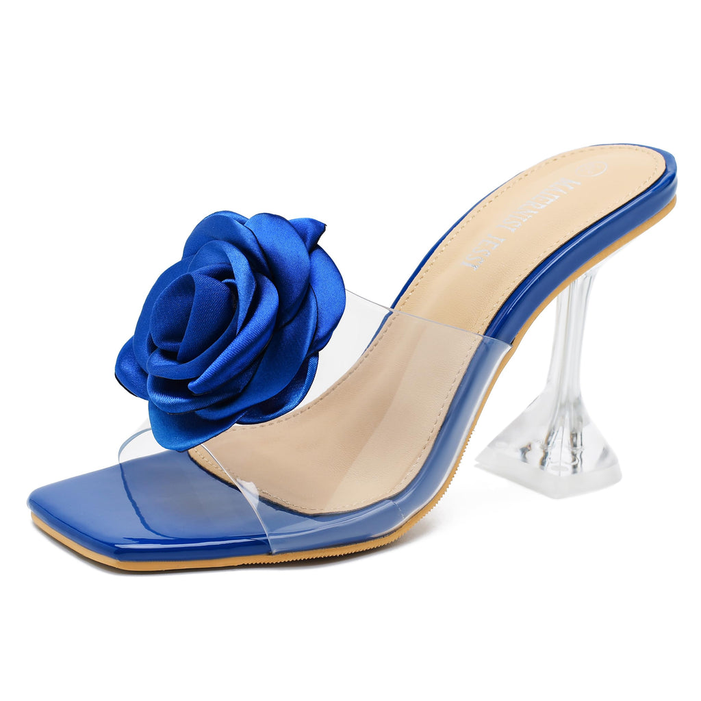 Women Flowers High Heels Mules Sandals Square Toe Slip On Sandals