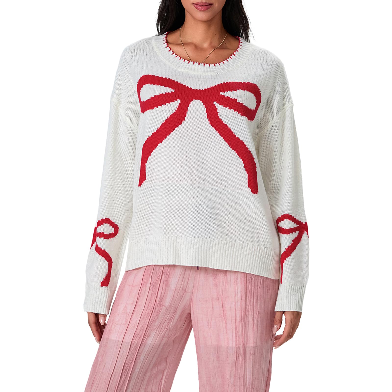 Women Oversized Y2K Fall Sweater Cute Bow Print Long Sleeve Cable Knit Pullover