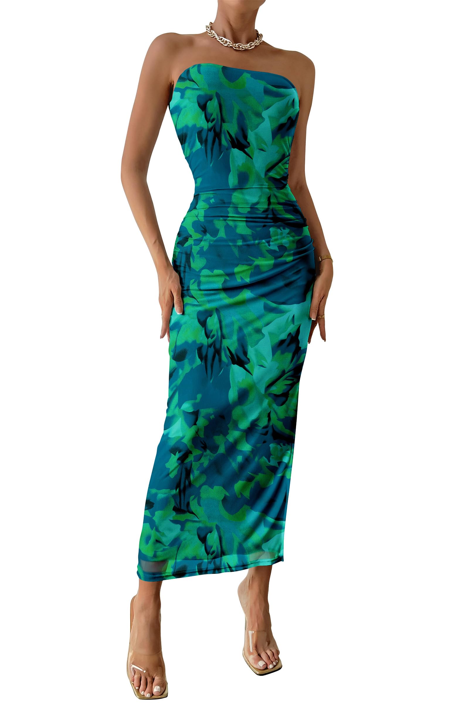 Women's Summer Maxi Bodycon Dresses Strapless Tube Top Printed Long Slit Dress