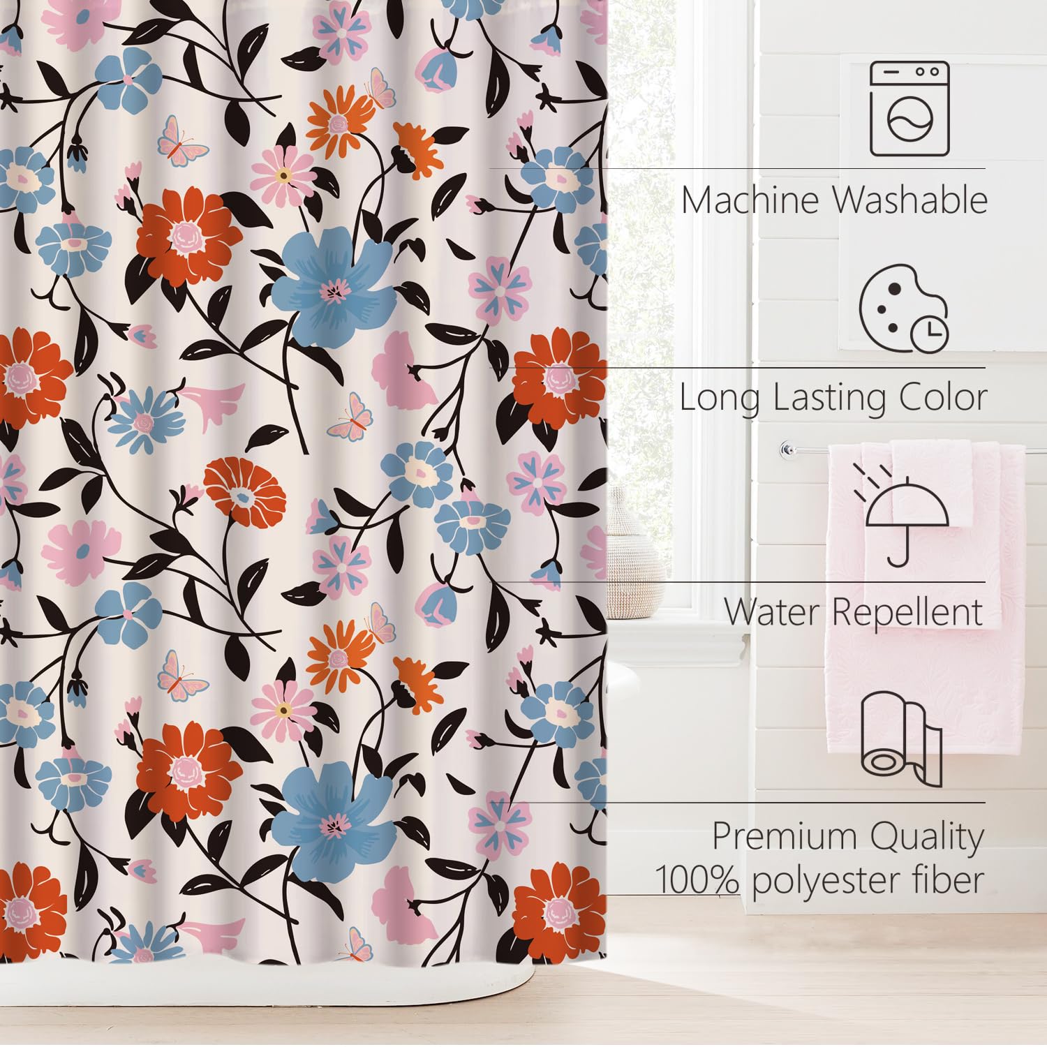 Cute Shower Curtain for Bathroom Modern Aesthetic Funky Decorative, Pretty Chic Cloth Set with Hooks, 72x72 Inch