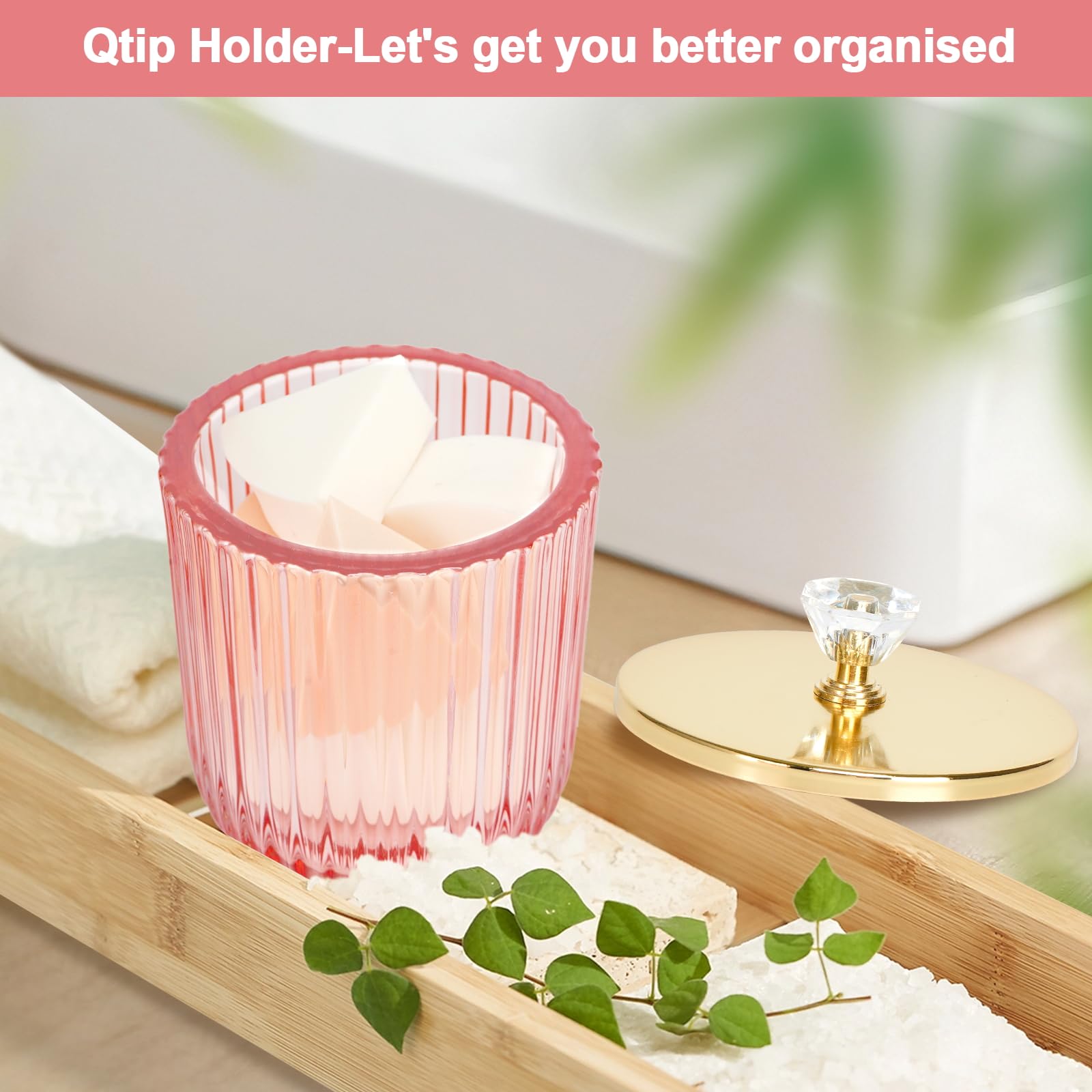 Cute Glass Apothecary Jars with Lid, Pink Cotton Ball Pad Round Container Holders and Vanity Canister Storage Jar for Makeup Sponges, Floss, Hair Accessories 2 Pack