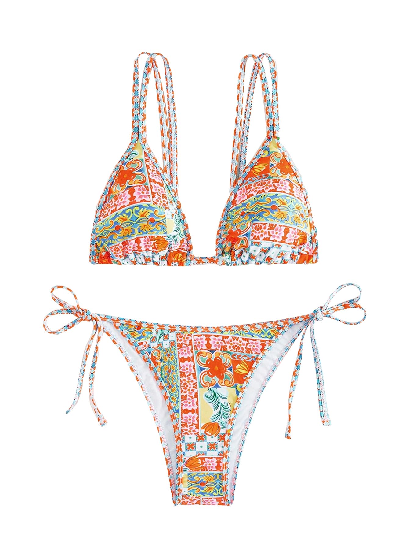 Women's Boho Floral Tie Side Triangle High Cut Bikini Set Bathing Suit Swimsuit