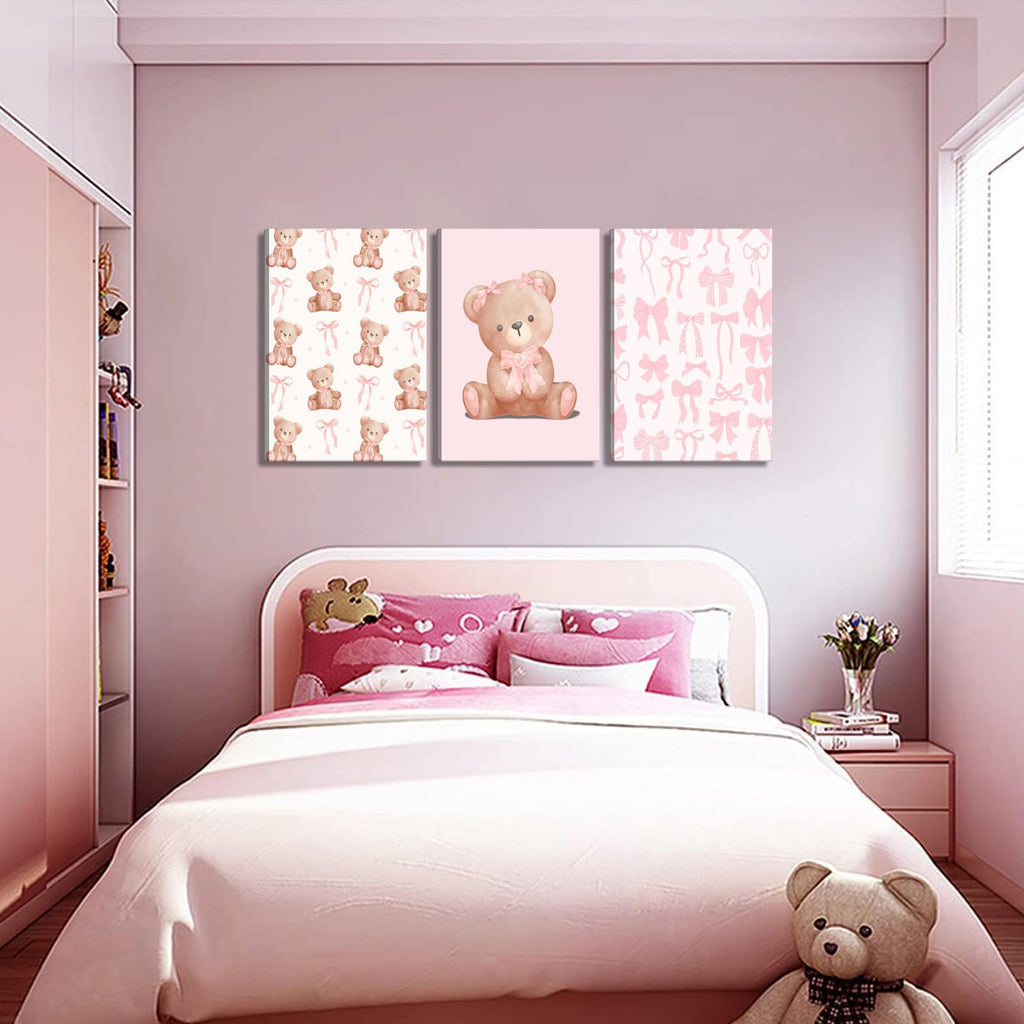 Pink Teddy Bear Wall Art Coquette Bow Wall Decor Pictures Cute Animal Nursery Canvas Posters Prints 3Pcs