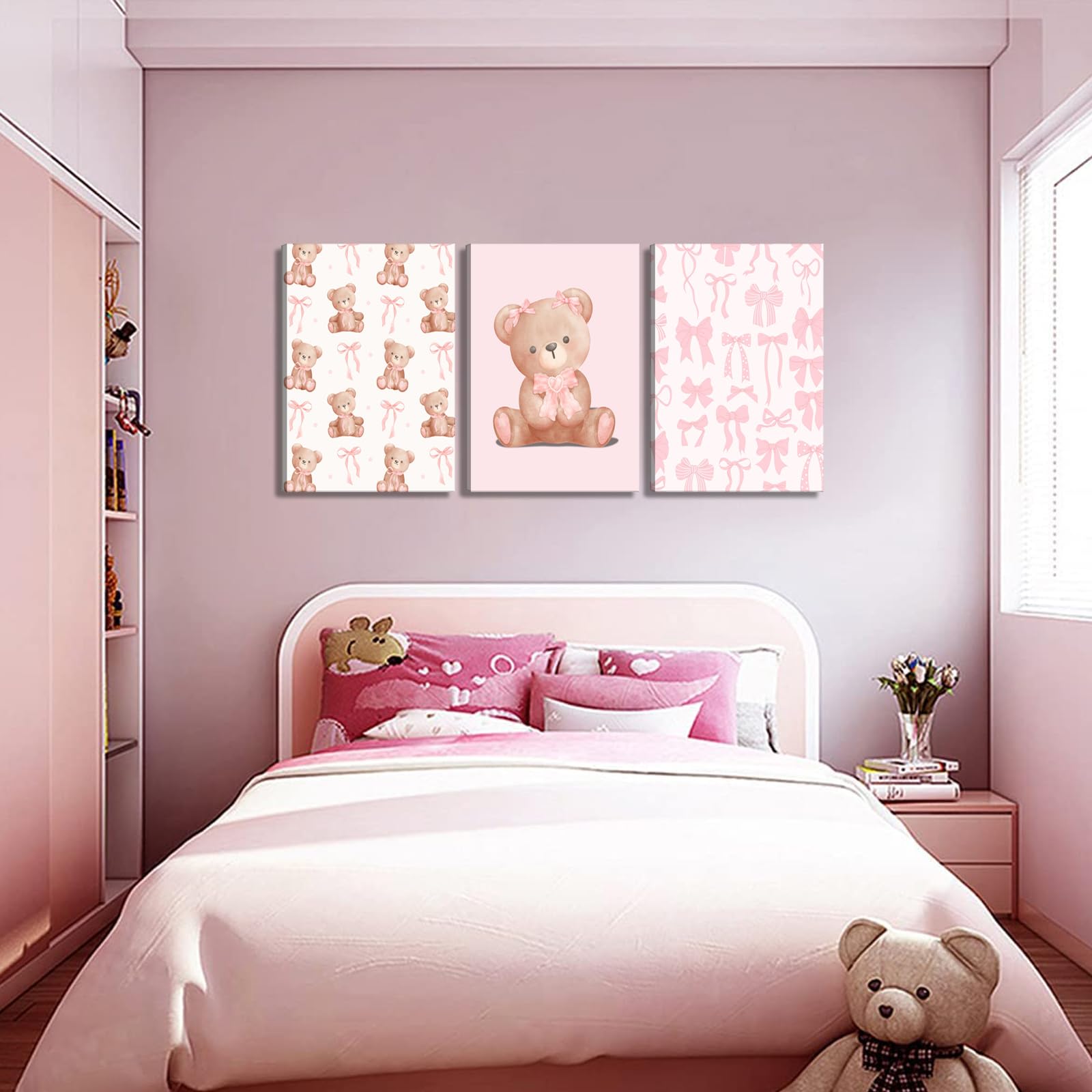Pink Teddy Bear Wall Art Coquette Bow Wall Decor Pictures Cute Animal Nursery Canvas Posters Prints 3Pcs