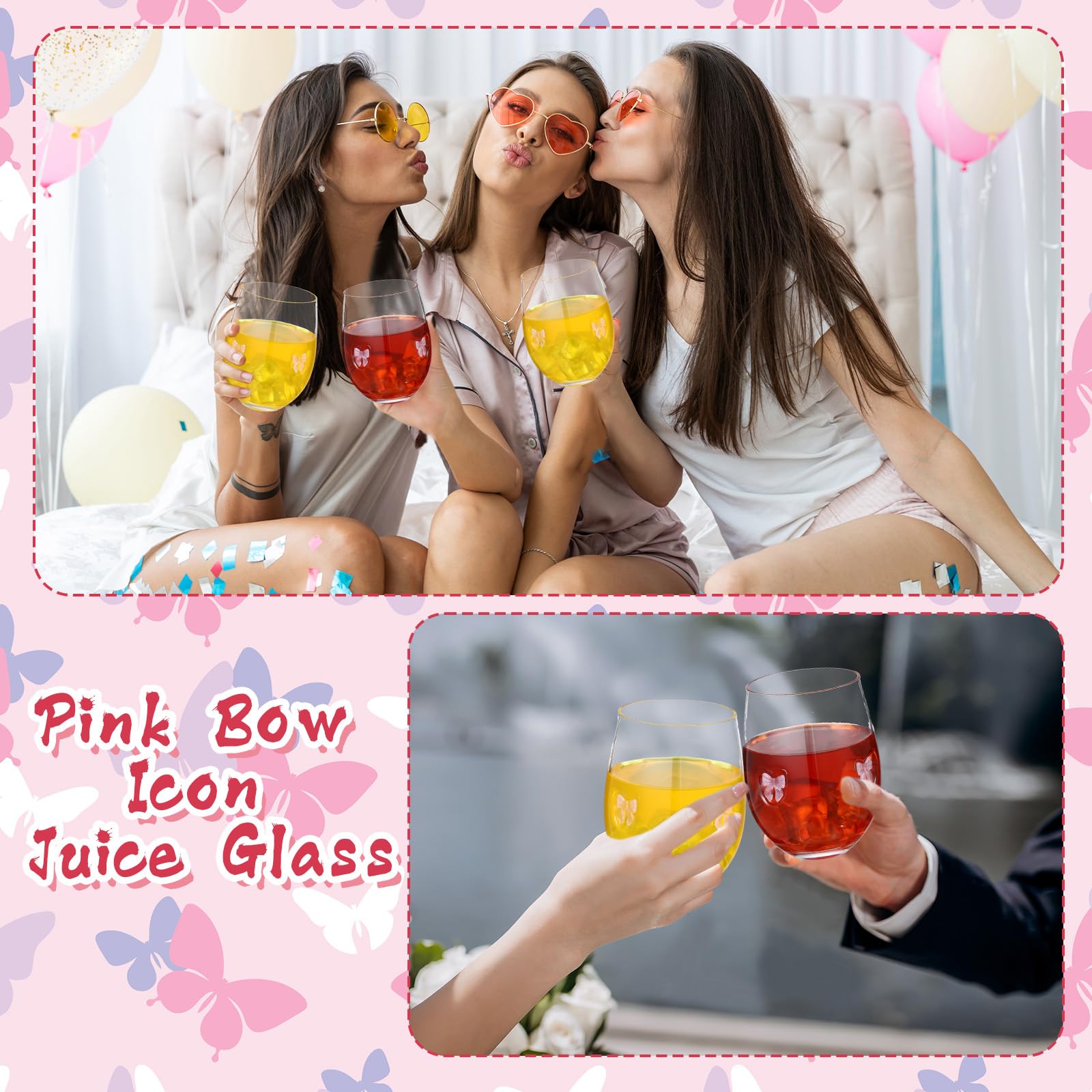 Pink Bow Aesthetic Stemless Wine Glasses 18 oz