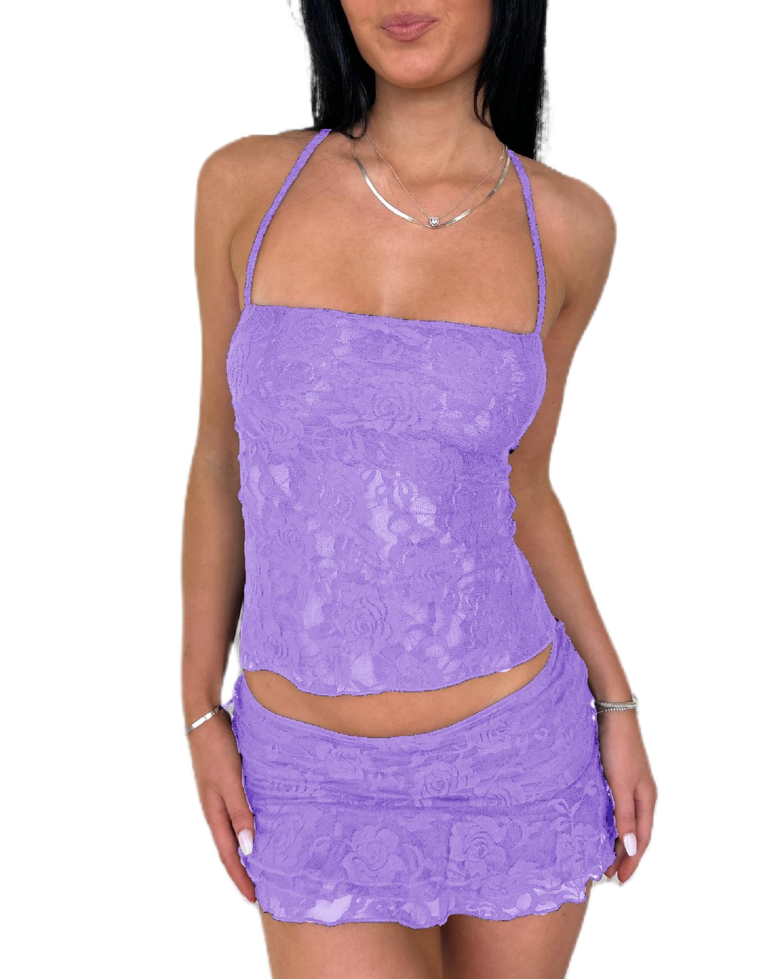 Women Y2K Lace 2 Piece Skirt Set Floral Lace Fitted Crop Cami Top See Through Low Waist Skirt Outfit Streetwear