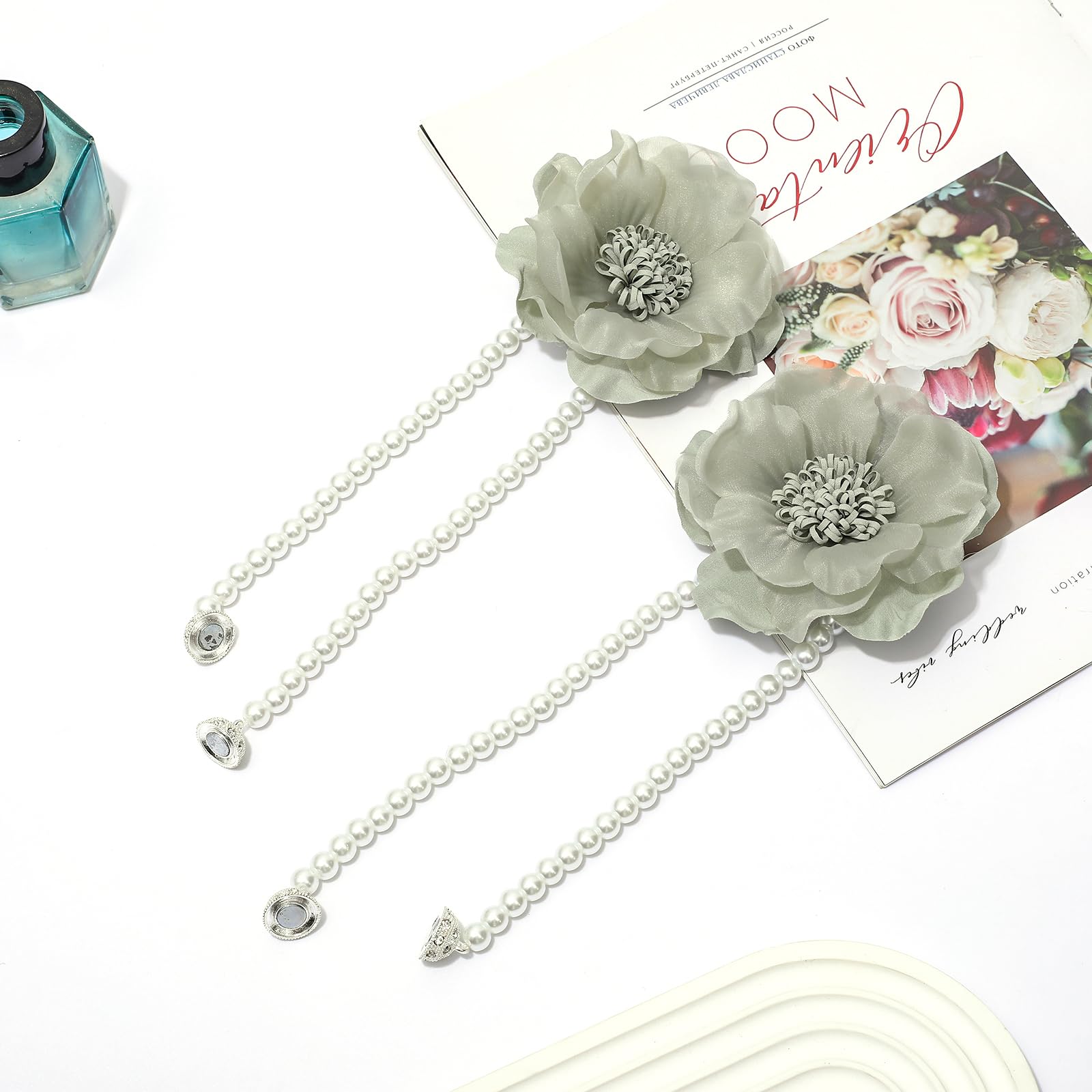 Elegant Pearl Magnetic Curtain Tieback with Handmade Flower Decorative Drapery Holdbacks Rope Holder