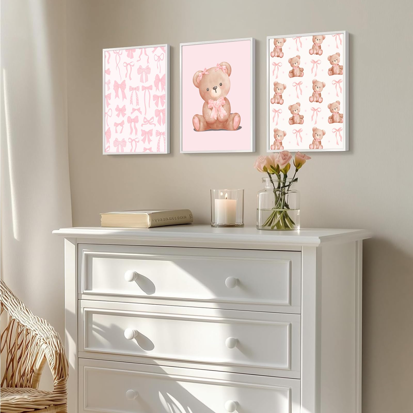 Pink Teddy Bear Wall Art Coquette Bow Wall Decor Pictures Cute Animal Nursery Canvas Posters Prints 3Pcs