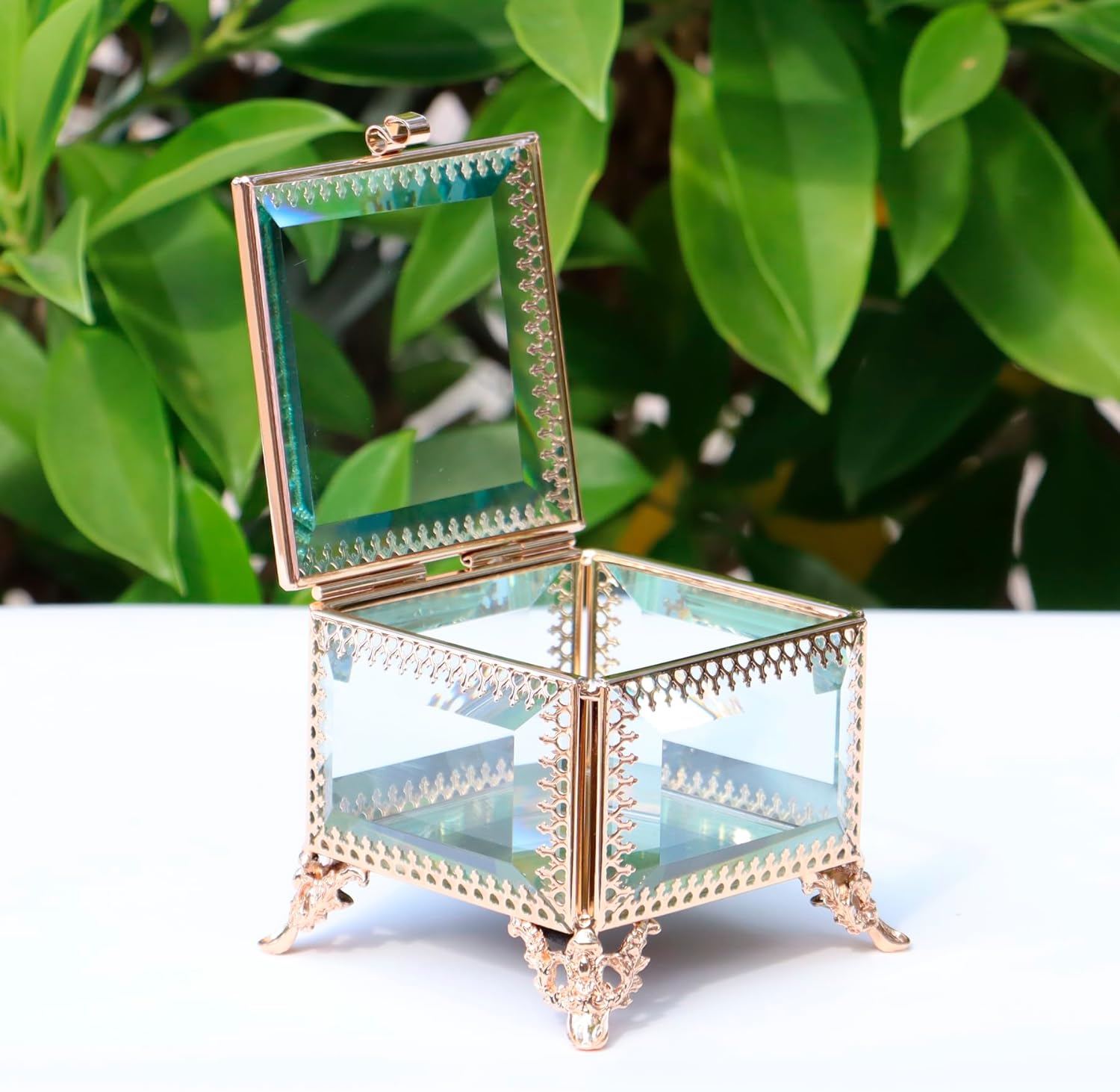 Square vintage glass lace jewelry box, 3.8x3.8x3.5 inches, commemorative box for rings, bracelets, accessories