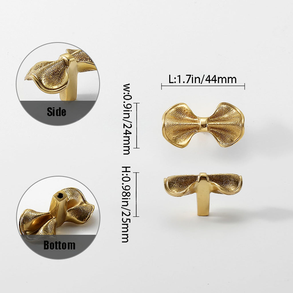 Gold Brass Small Bow Knobs Cute Dresser Drawer Handles Kitchen Cabinet Pulls Art Deco Single Hole Decorative Knobs Modern Furniture Hardware for Closet Cupboard