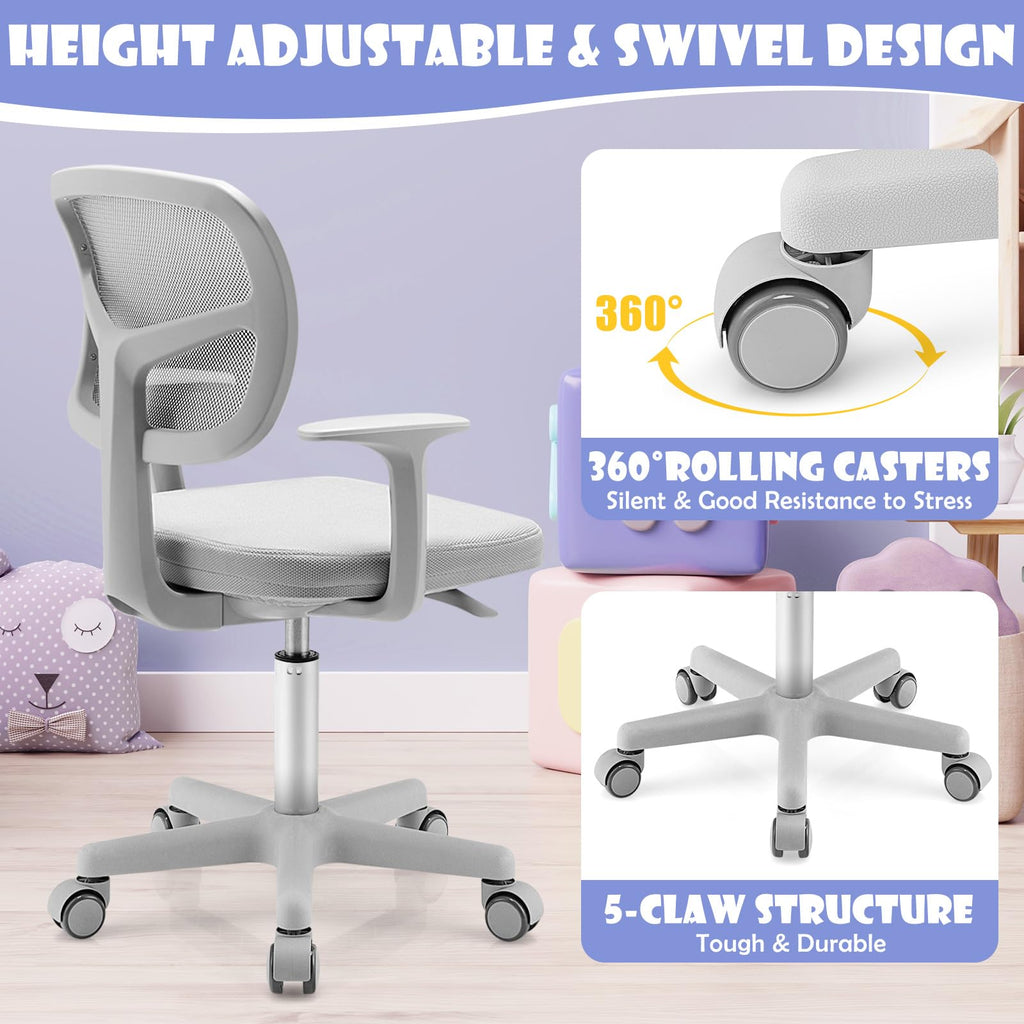 Swivel Adjustable Mesh Study Chair with Wheels & Arms, Ergonomic Computer Task Chair with Lumbar Support