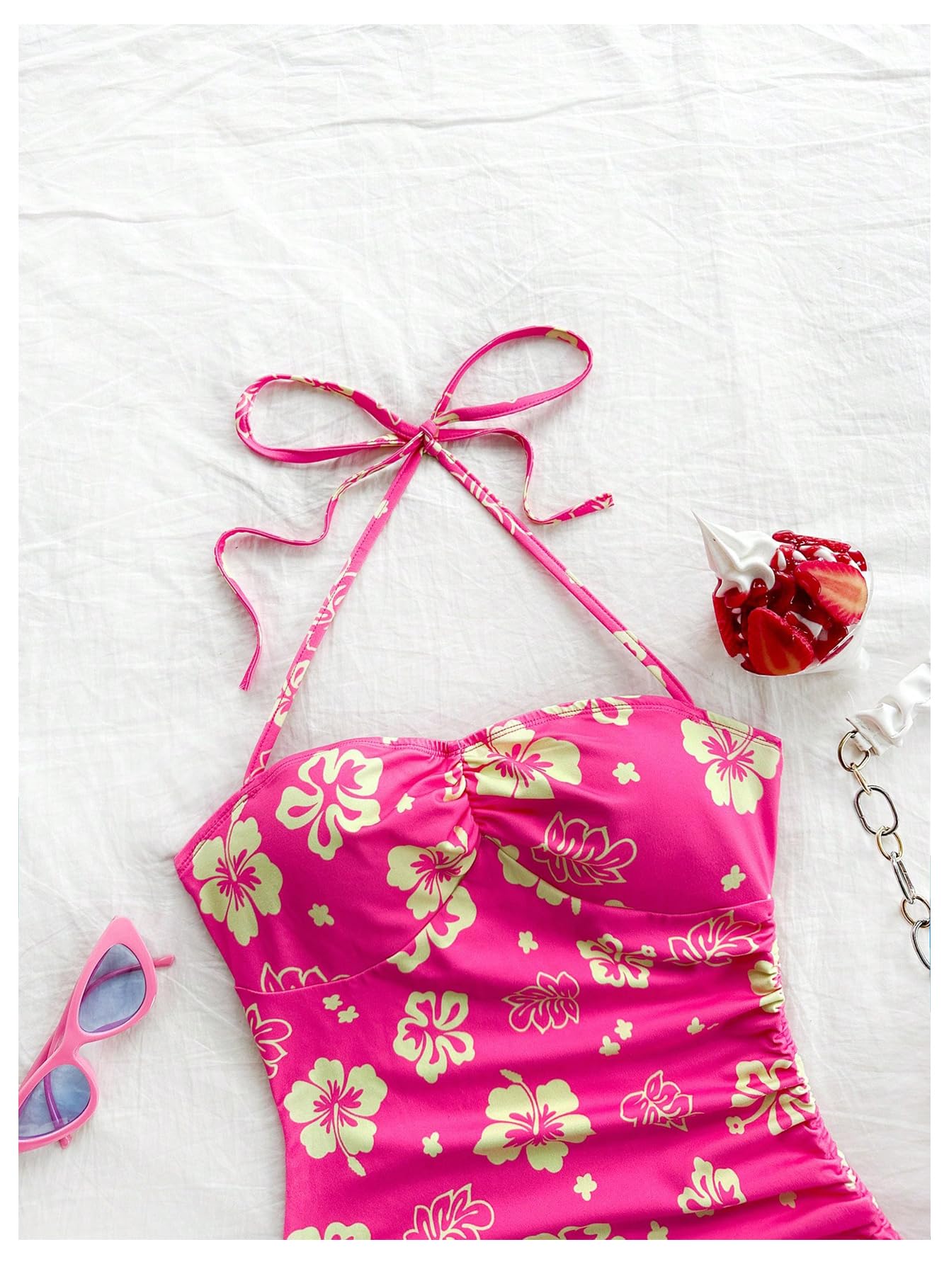 Women's Floral Print Halter Dress Sleeveless Drawstring Asymmetrical Hem Bodycon Dress