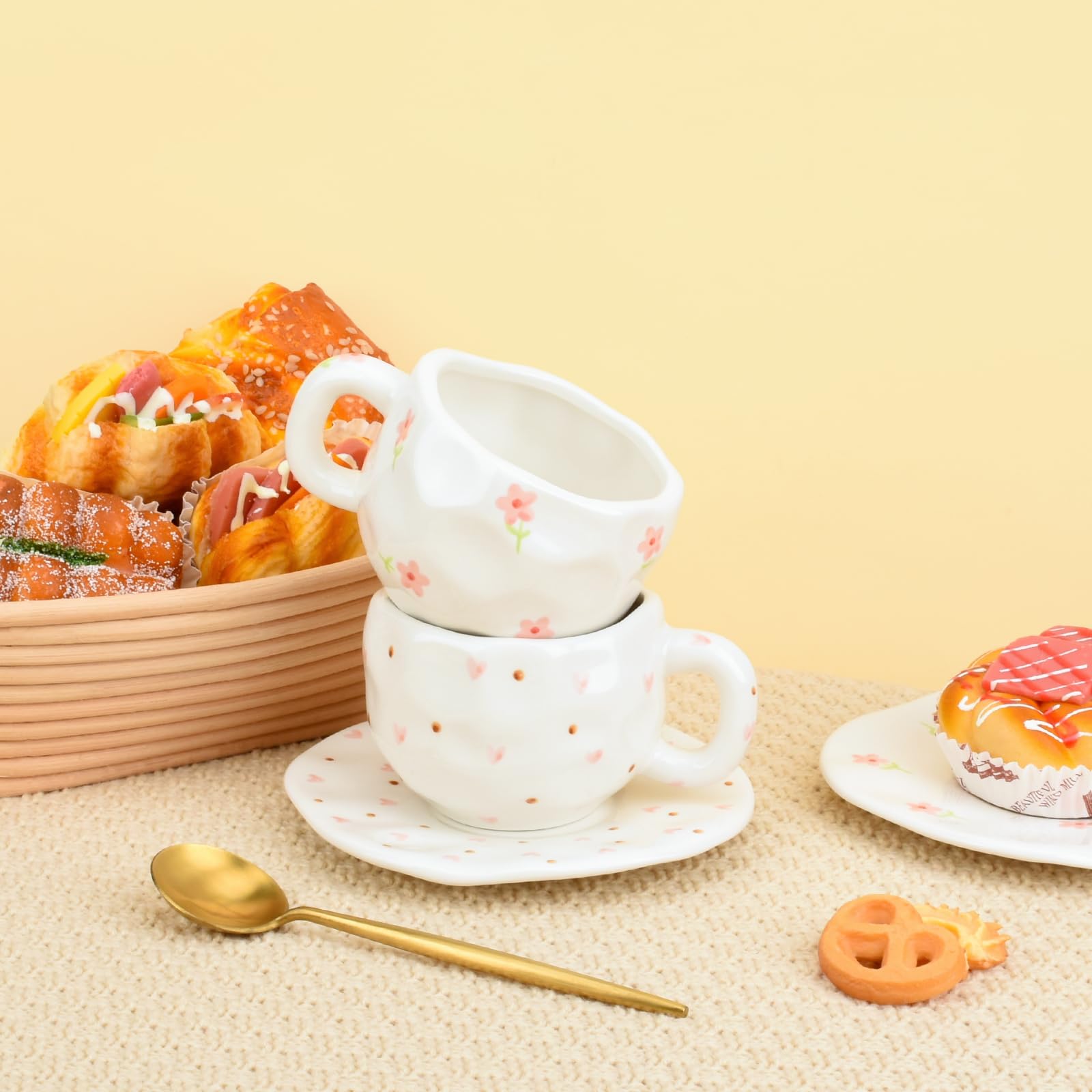 Ceramic Coffee Mug with Saucer Set, Cute Creative Cup Unique Irregular Design, 10 oz/300 ml