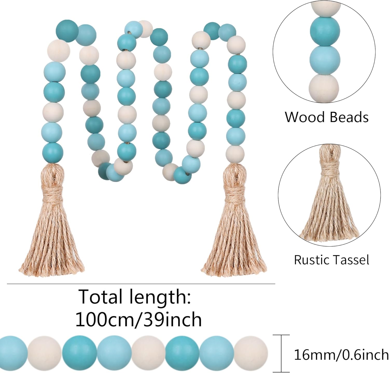 Wood Bead Garland,39in Farmhouse Beads with Tassels Boho Beads for Tiered Tray Decorative Beads Home Decor