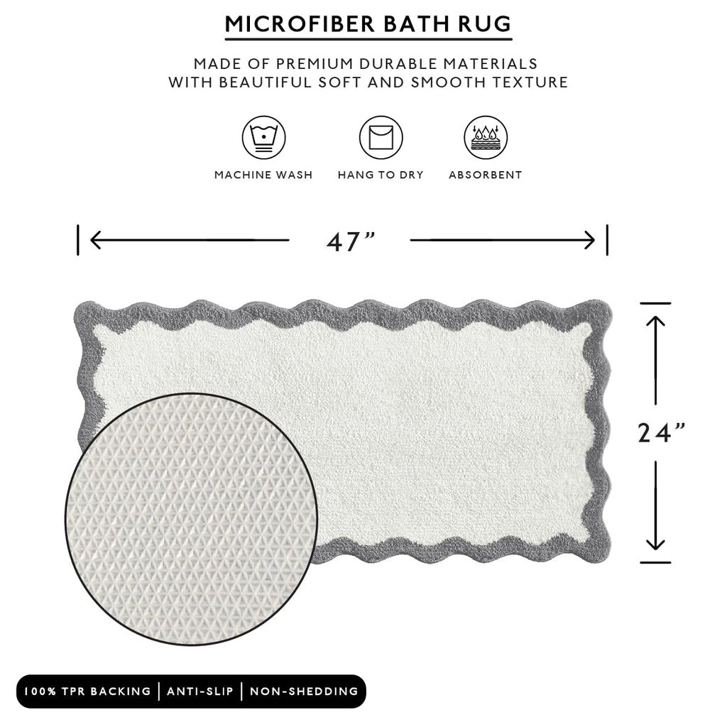 Wavy Bath Mat with Scalloped Ripple Design, Microfiber Absorbent Non Slip Tufted Rug