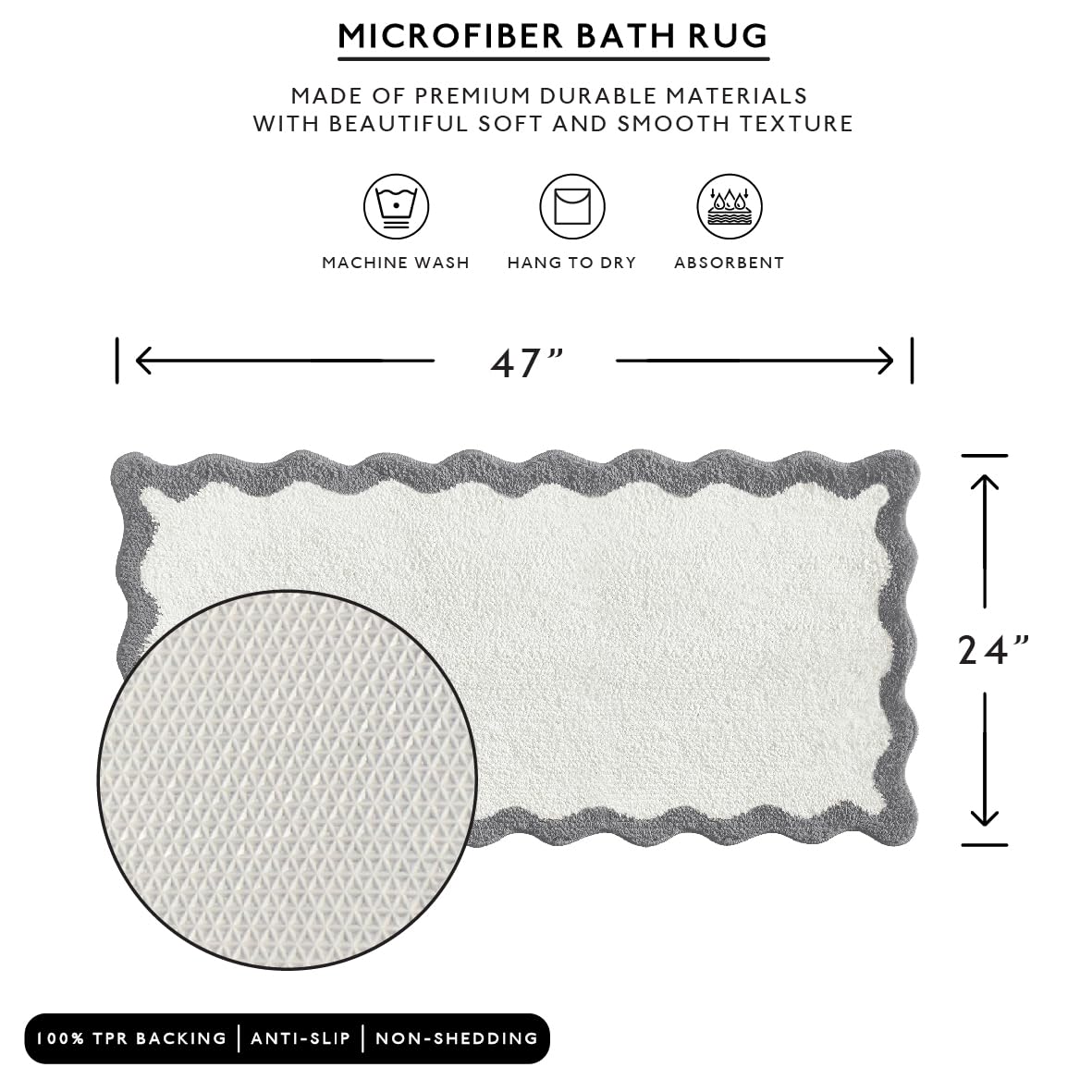 Wavy Bath Mat with Scalloped Ripple Design, Microfiber Absorbent Non Slip Tufted Rug