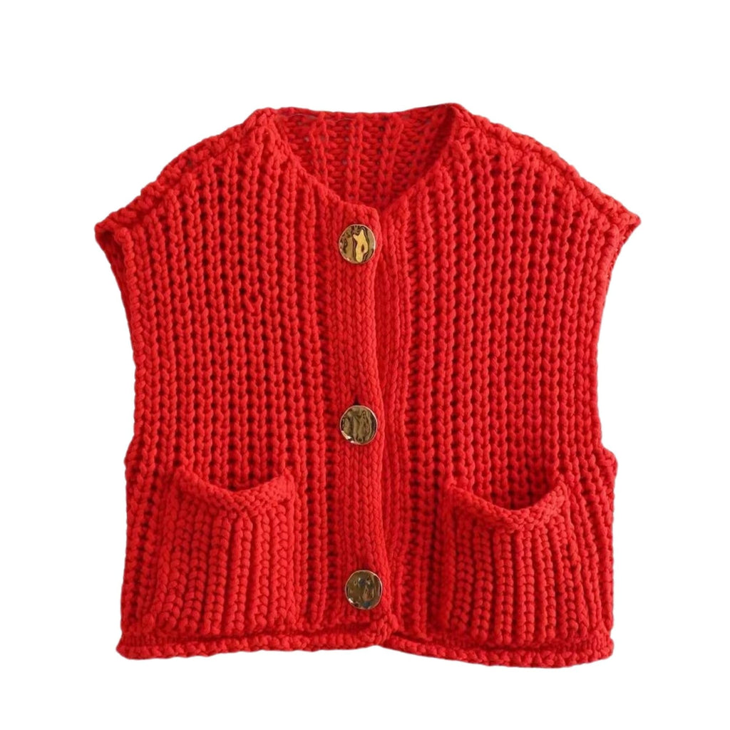 Women's Cropped Sweater Vest Cute Crewneck Button Down Sleeveless Crop Knit Cardigan with Pocket