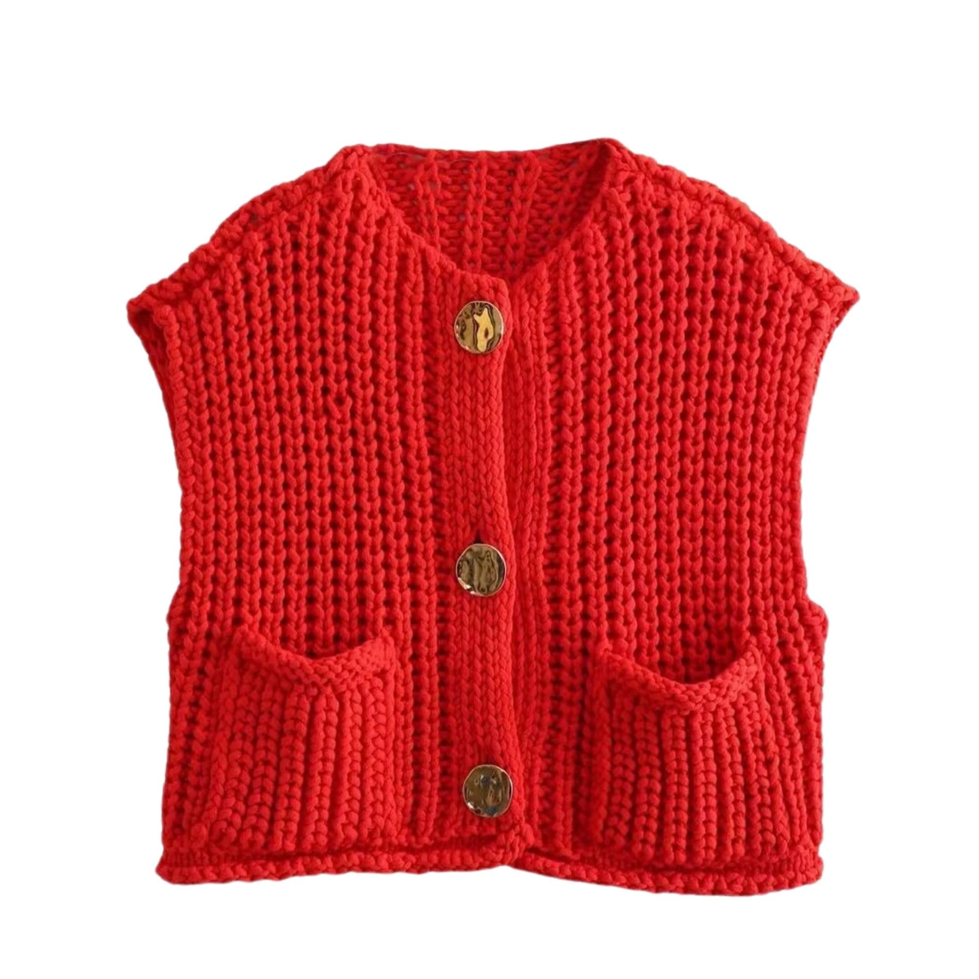 Women's Cropped Sweater Vest Cute Crewneck Button Down Sleeveless Crop Knit Cardigan with Pocket