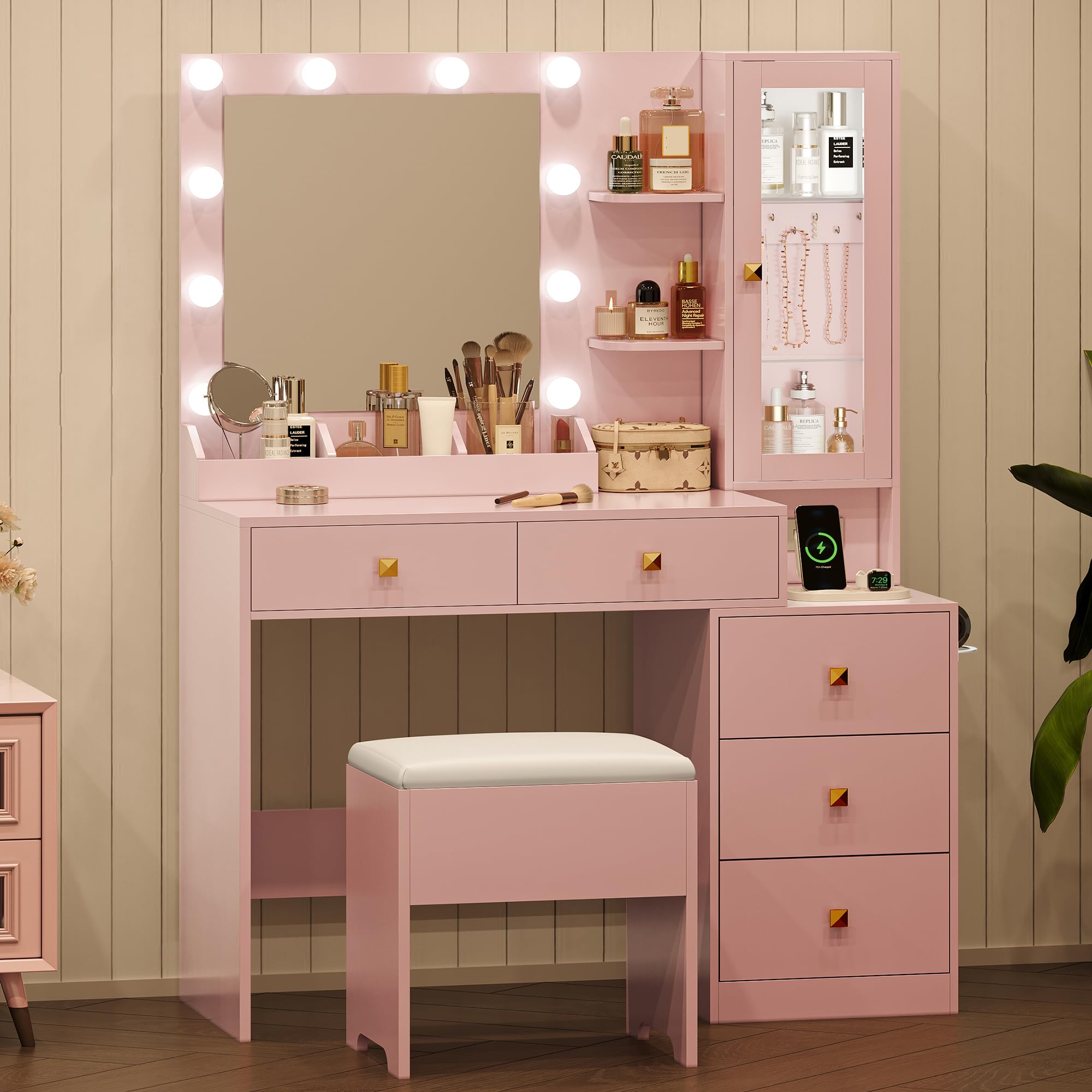 Vanity Desk with Mirror and Lights, Pink Makeup Vanity with 5 Drawers Hidden Jewelry Organizer& LED Glass Cabinet, 3 Lights Mode and Brightness Adjusted,Vanity Mirror with Lights Desk and Chair