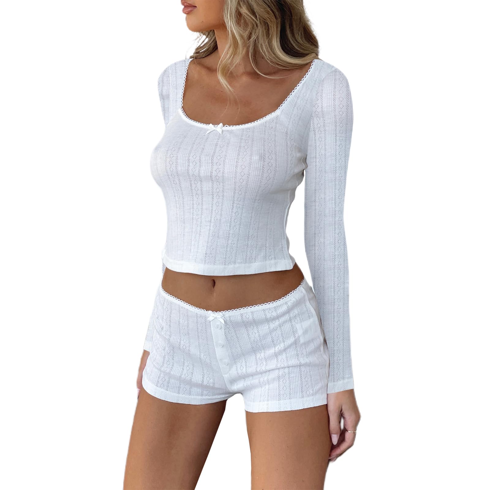 Women's Two Piece Outfit Lace Trim Top and Shorts Set 2 Piece Lounge Sets Ladies PJs Summer Clothes