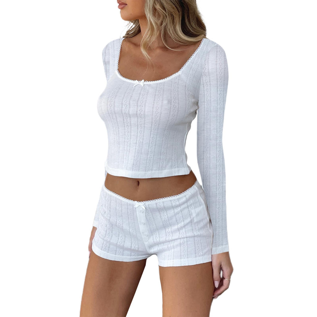 Women's Two Piece Outfit Lace Trim Top and Shorts Set 2 Piece Lounge Sets Ladies PJs Summer Clothes