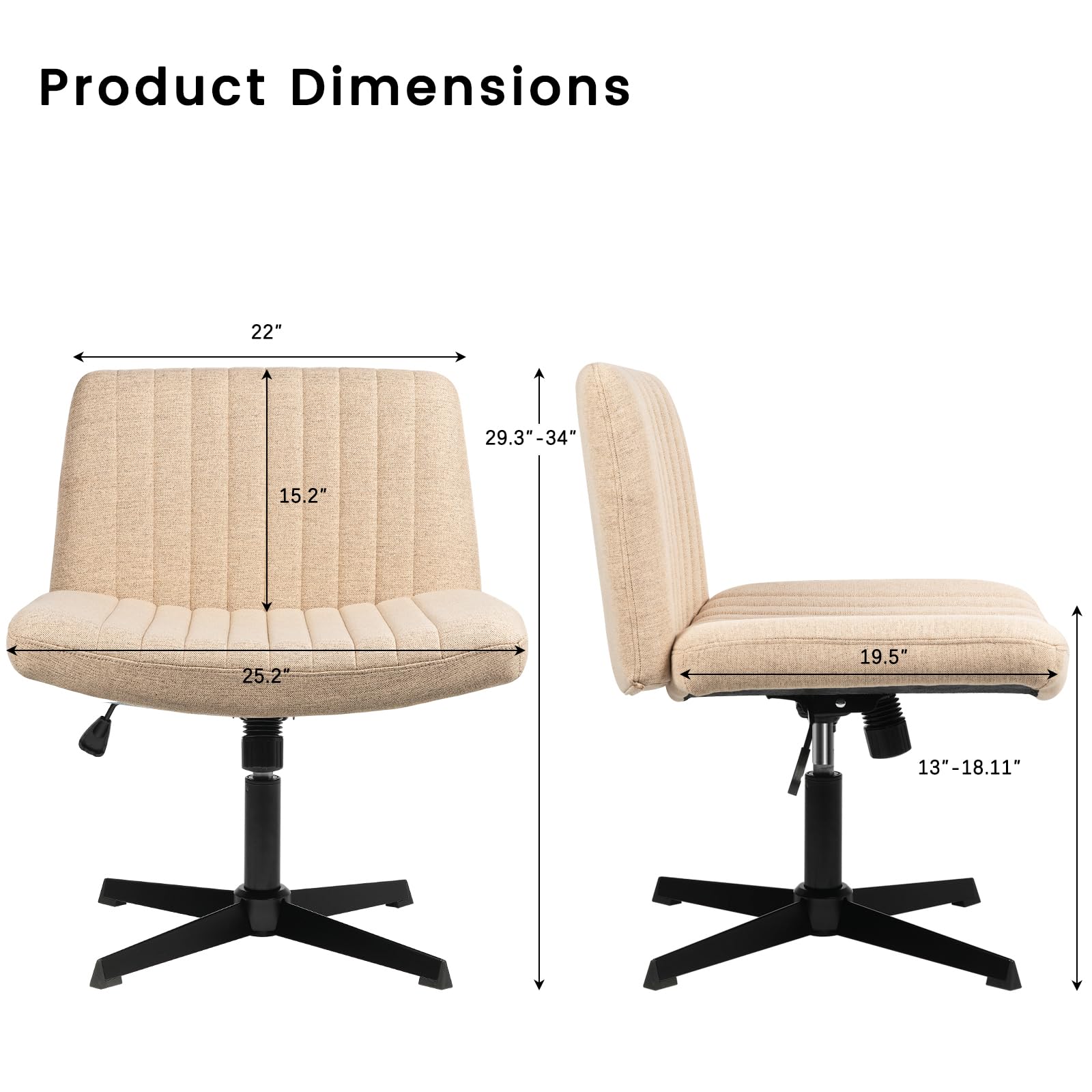 Criss Cross Chair, Armless Cross Legged Office Desk Chair No Wheels, Fabric Padded Modern Swivel Height Adjustable Mid Back Wide Seat