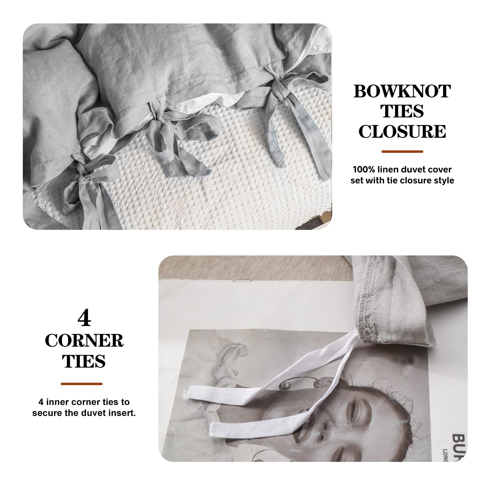 The 100% Linen Duvet Cover Set, 3 Pieces Belgian Flax Breathable Bedding,(1 Comforter Cover+2 Pillowshams) with Tie Closure Style