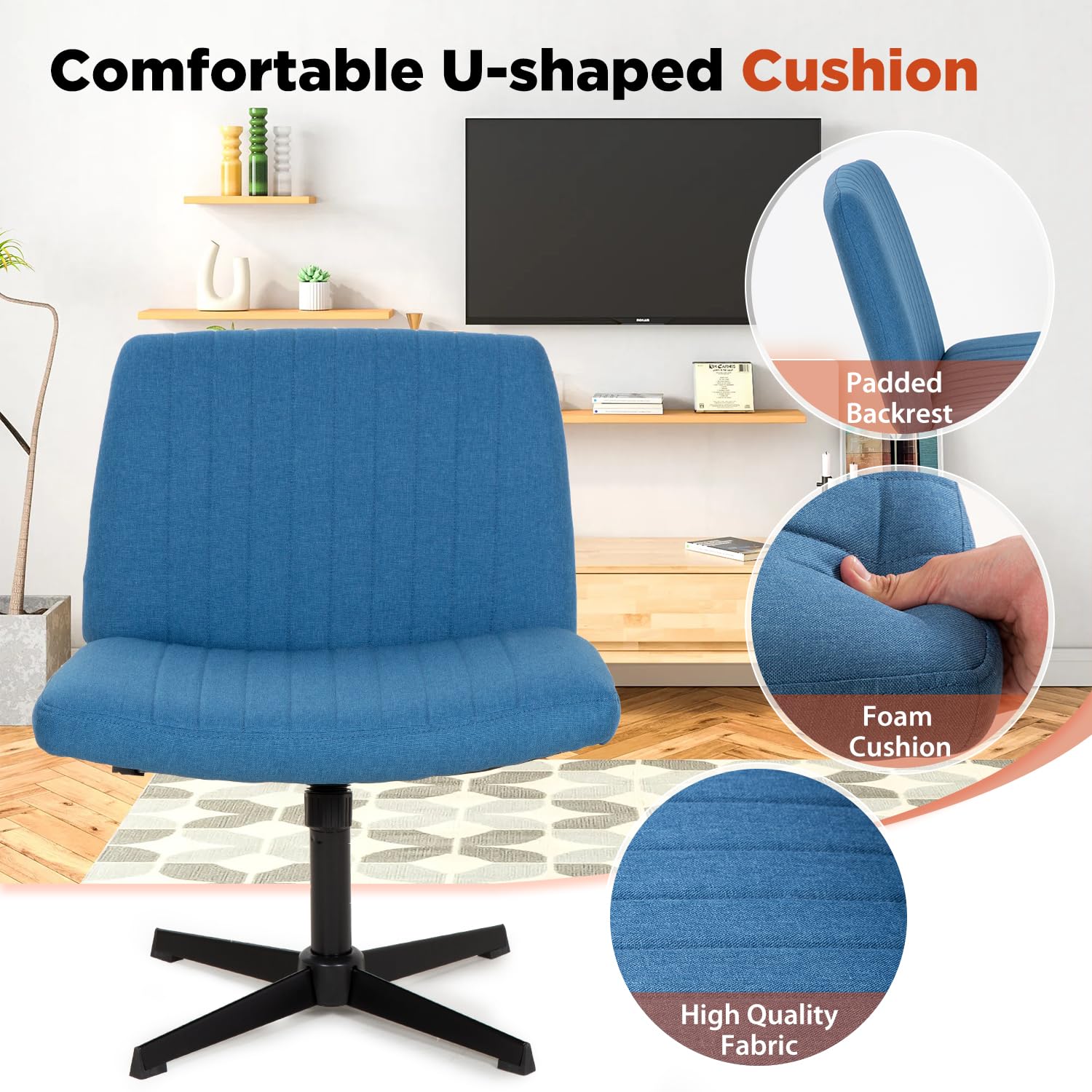 Criss Cross Chair, Armless Cross Legged Wide Comfty Desk Chair with No Wheels Modern Height Adjustable, Swivel Fabric Vanity Chair