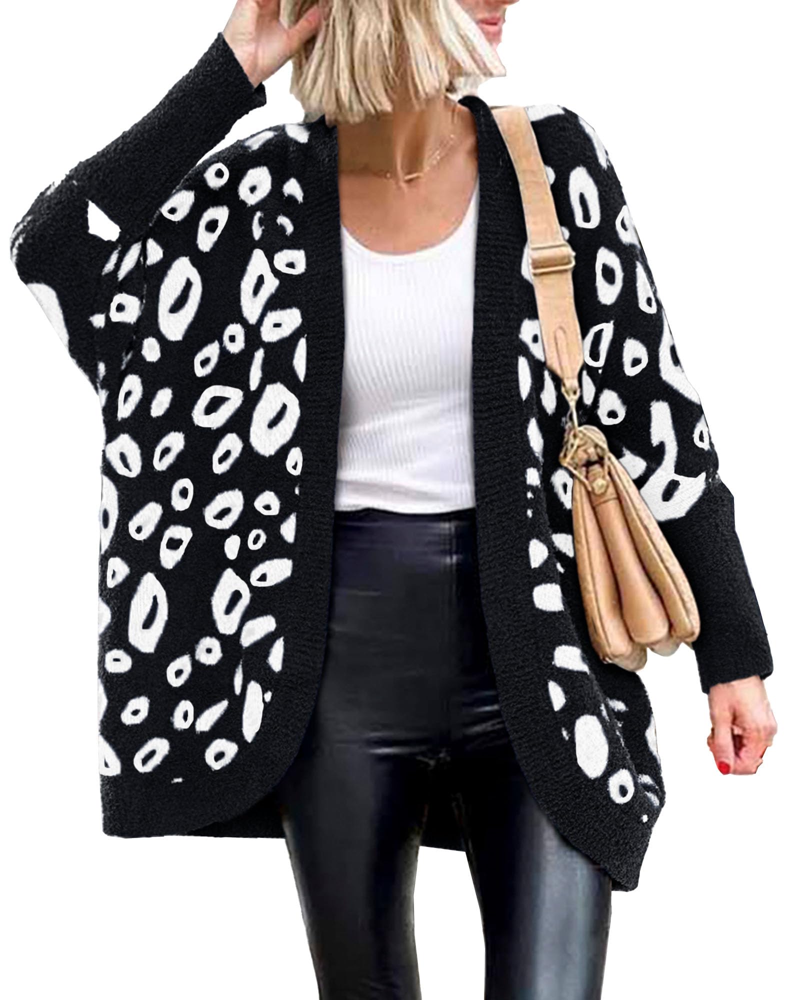 Women Fashion Leopard Print Long Sleeve Sweater Cardigan Loose Knit Open Front Fall Winter Outwear Coats