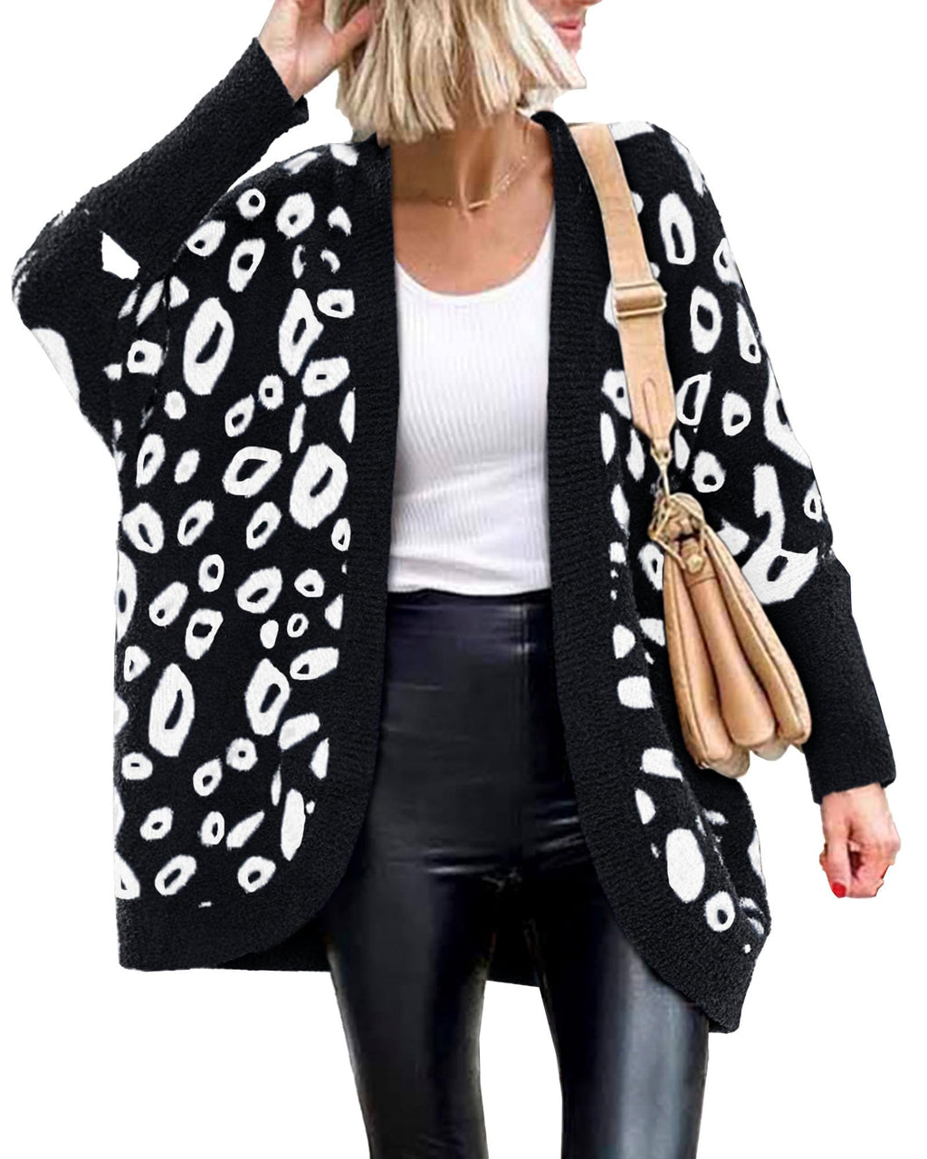 Women Fashion Leopard Print Long Sleeve Sweater Cardigan Loose Knit Open Front Fall Winter Outwear Coats