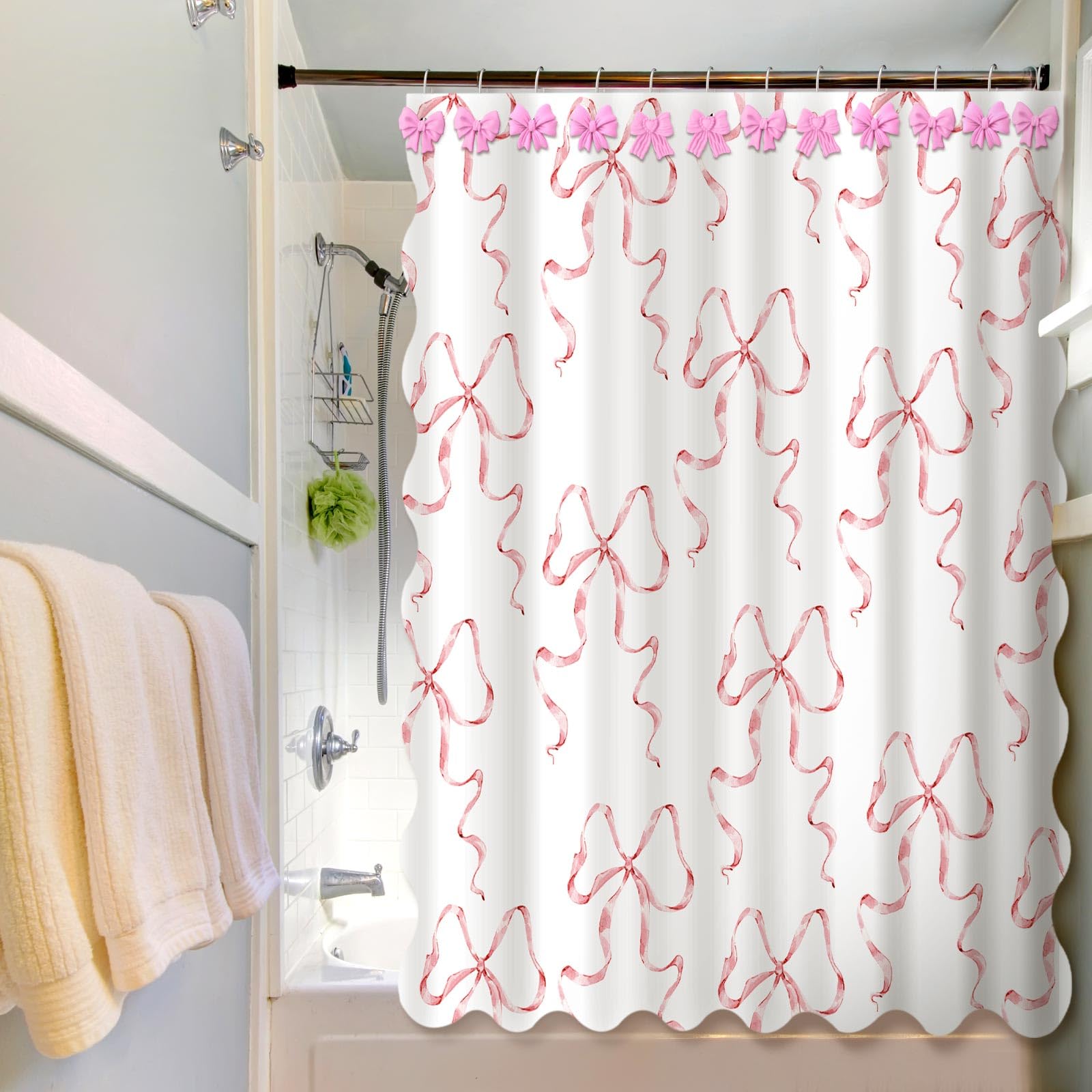 Pink Bow Shower Curtain Set, 72" W x 72" H Cute Coquette Shower Curtain with 12 Pink Bow Tie Bath Hooks