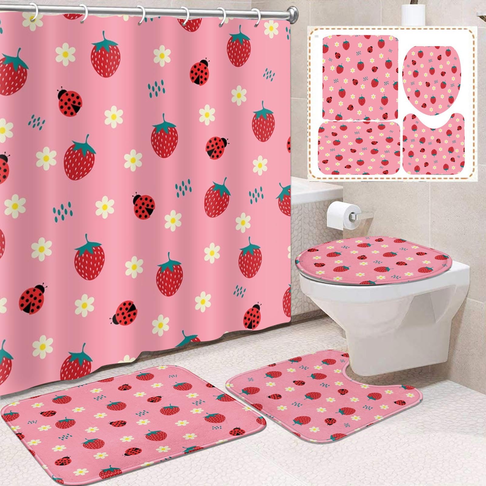 Vintage 4 Pcs Bathroom Sets with Shower Curtain and Rugs, Shower Curtain Sets for Bathroom Decor with 12 Hooks