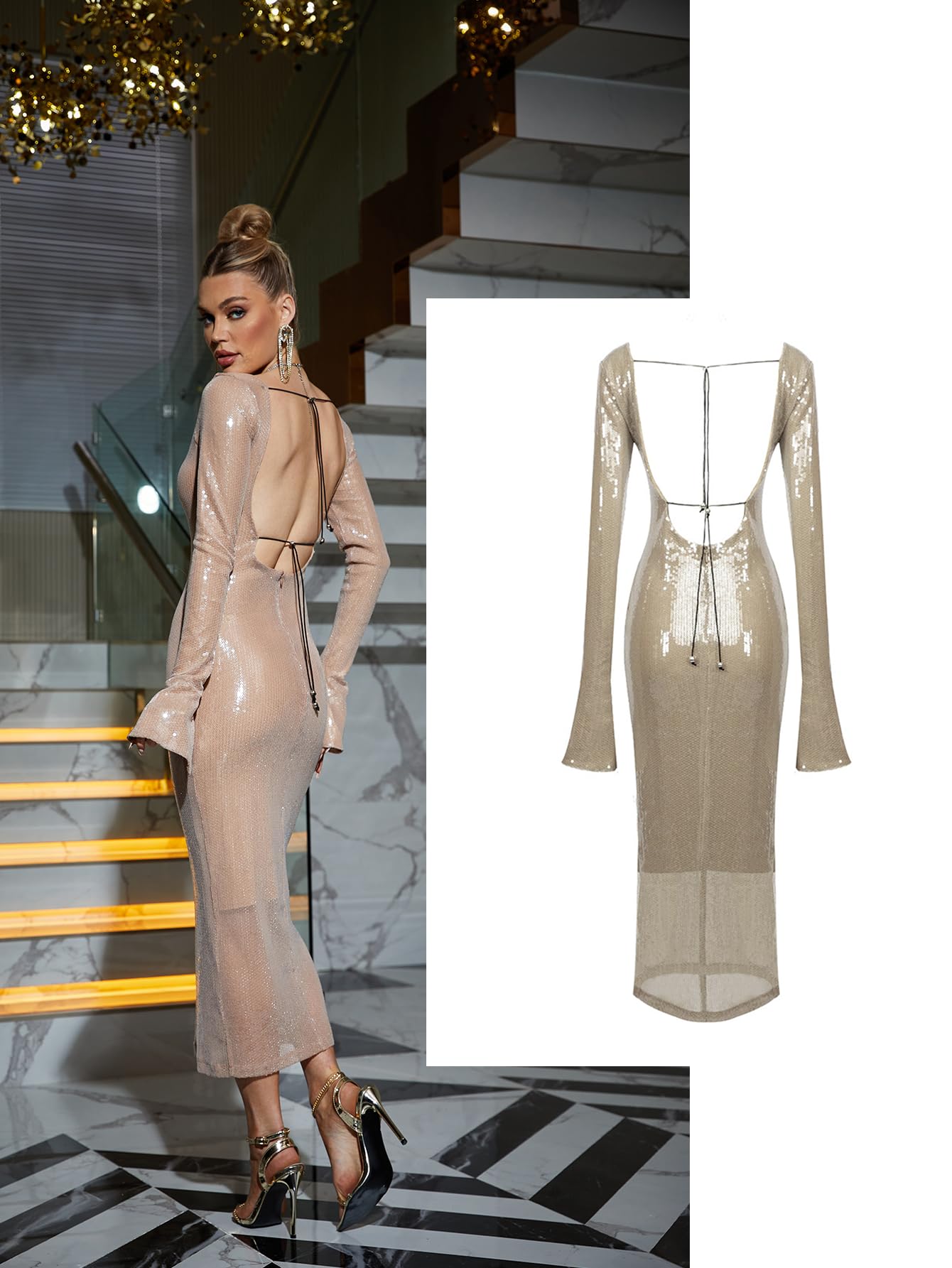 Deep V Dress with Drawstring Long Sleeve Sequin Dress for Women Long Gown