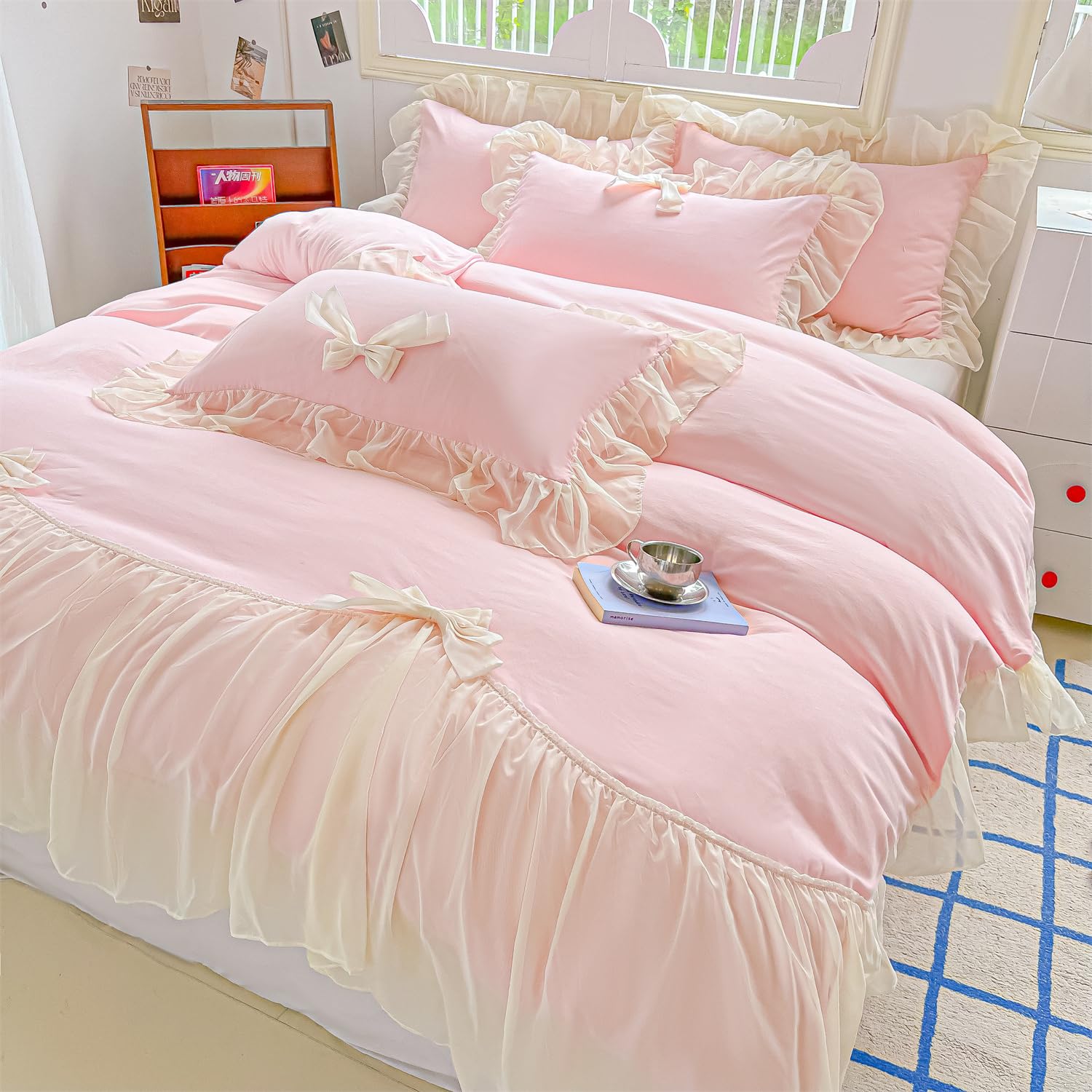 Girls Lace Bedding,Queen Comforter Cover Set, Chic Ruffled Duvet Cover with Lovely Bow,Princess Style 1 Duvet Cover with 2 Pillowcases, No Comforter-Hot Pink,Full Size